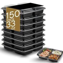 Eco Harmony Products - Microwaveable Compartmental Container (Rectangular) with Lid 3-compartment, 33oz, 150-Pack - Black