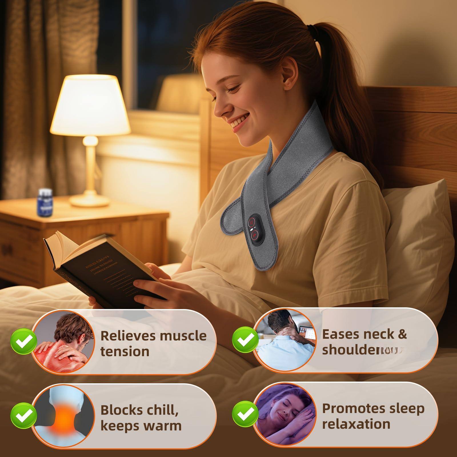 - Relieves muscle tension
- Eases neck & shoulder pain
- Blocks chill, keeps warm
- Promotes sleep relaxation