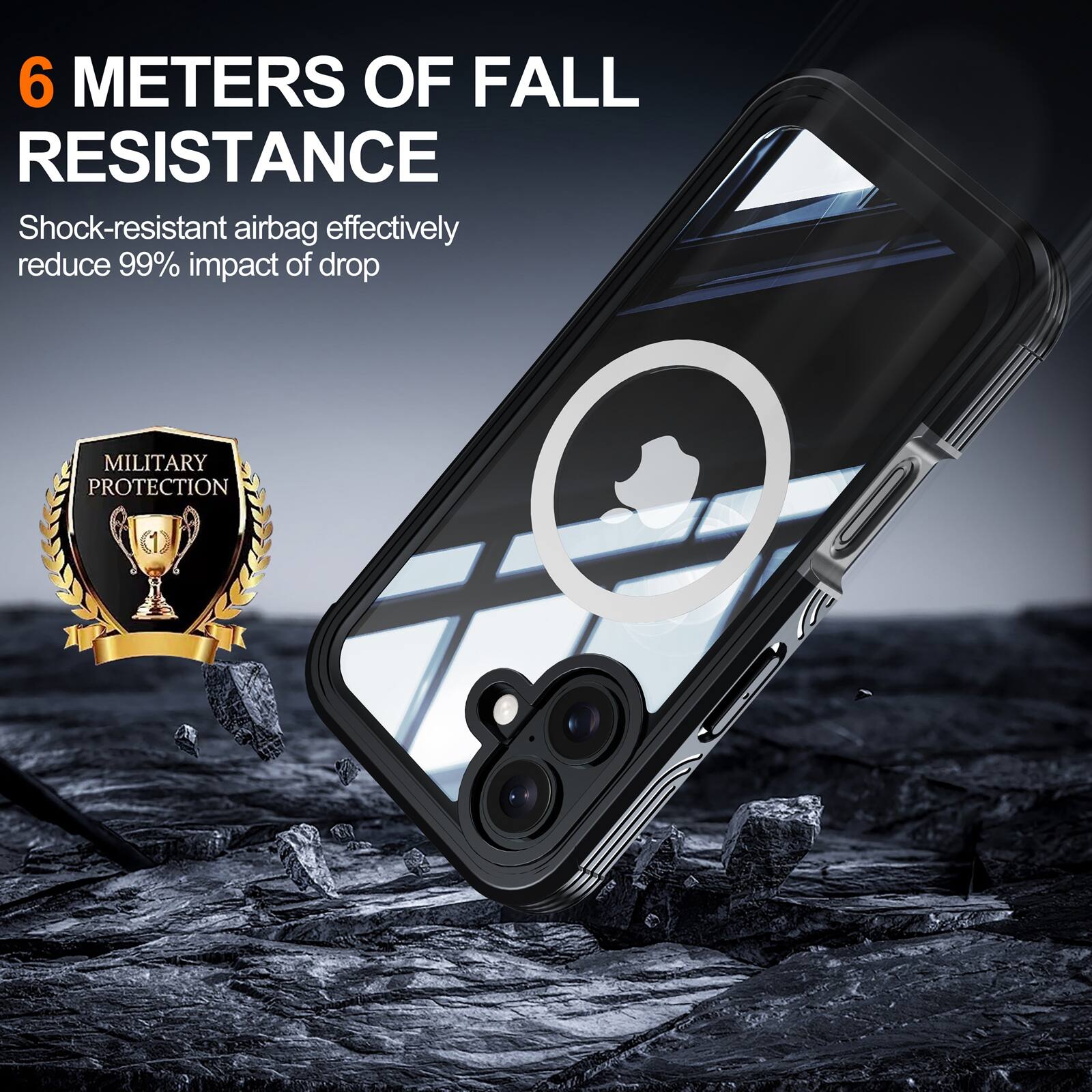 6 METERS OF FALL RESISTANCE  
Shock-resistant airbag effectively reduce 99% impact of drop  
MILITARY PROTECTION