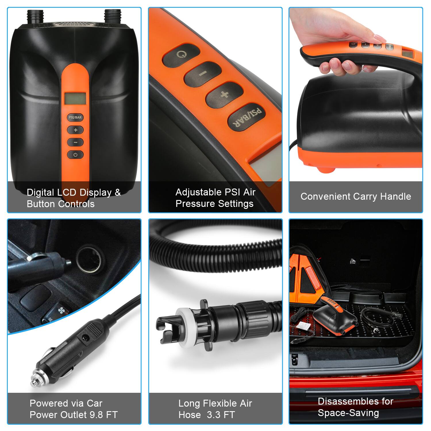 - Digital LCD Display & Button Controls
- Adjustable PSI Air Pressure Settings
- Convenient Carry Handle
- Powered via Car Power Outlet 9.8 FT
- Long Flexible Air Hose 3.3 FT
- Disassembles for Space-Saving