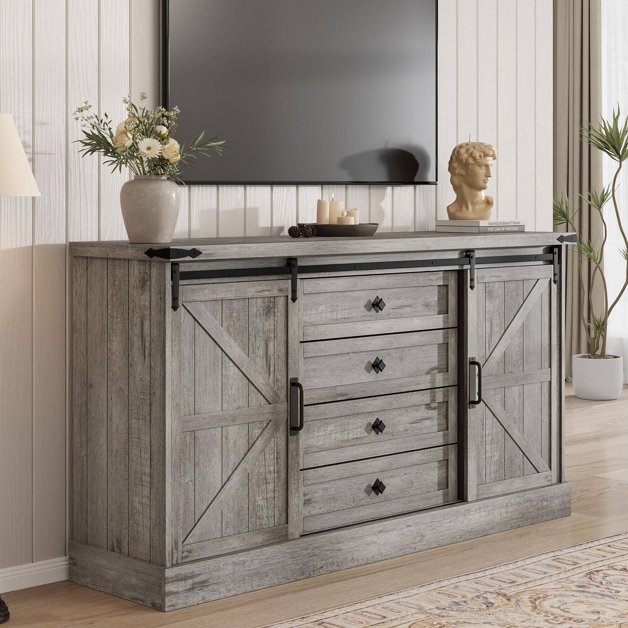 Left. Qeetex - 58.7" Farmhouse TV Stand for 65 Inch TV, Sliding Barn Doors, 4 Drawers, Adjustable Shelves - Gray.