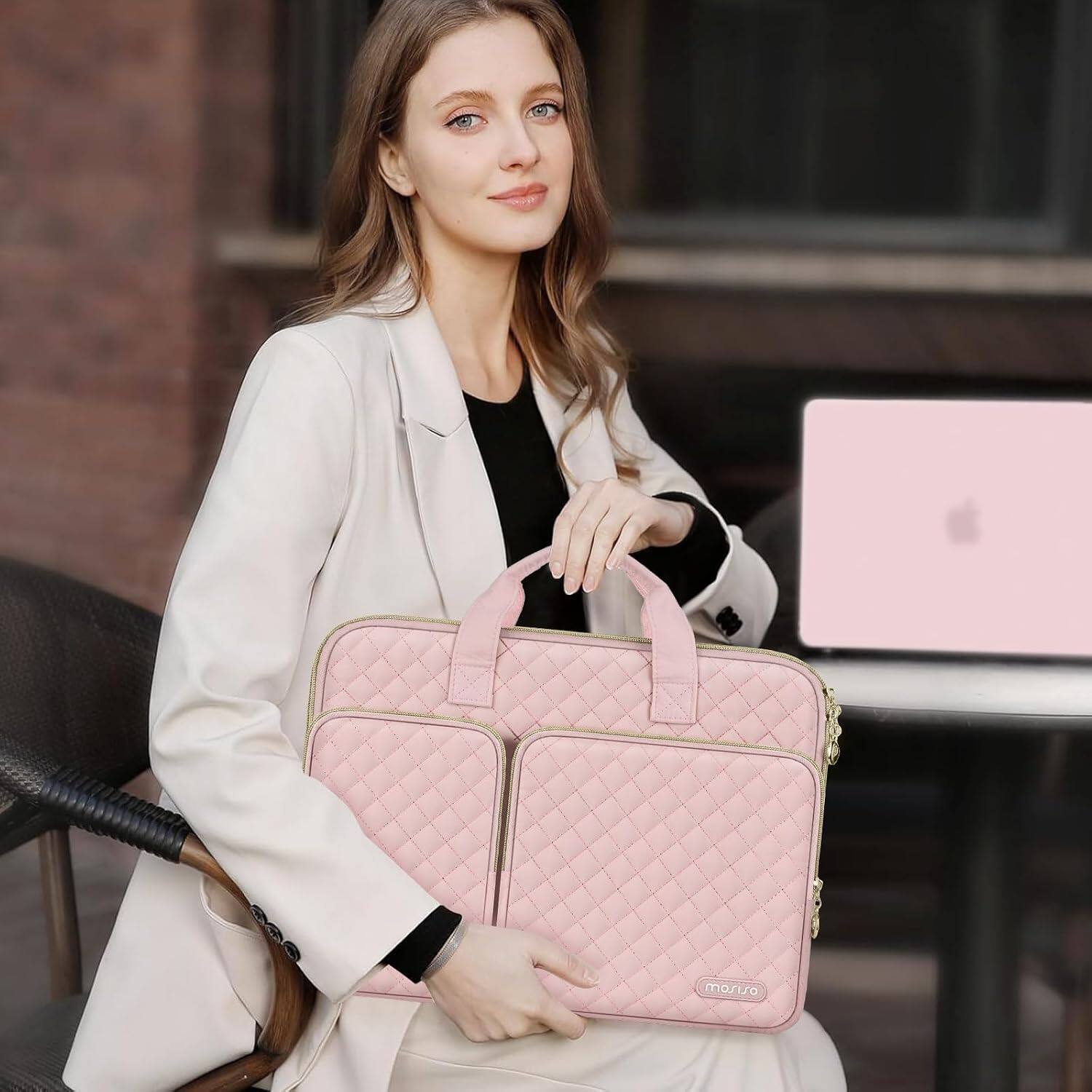 Left. mosiso - 360 Protective Laptop Sleeve 14 Inch, Square Quilted Case with Handle, 2 Pockets & Belt for HP Lenovo Dell ASUS Acer - Chalk Pink.