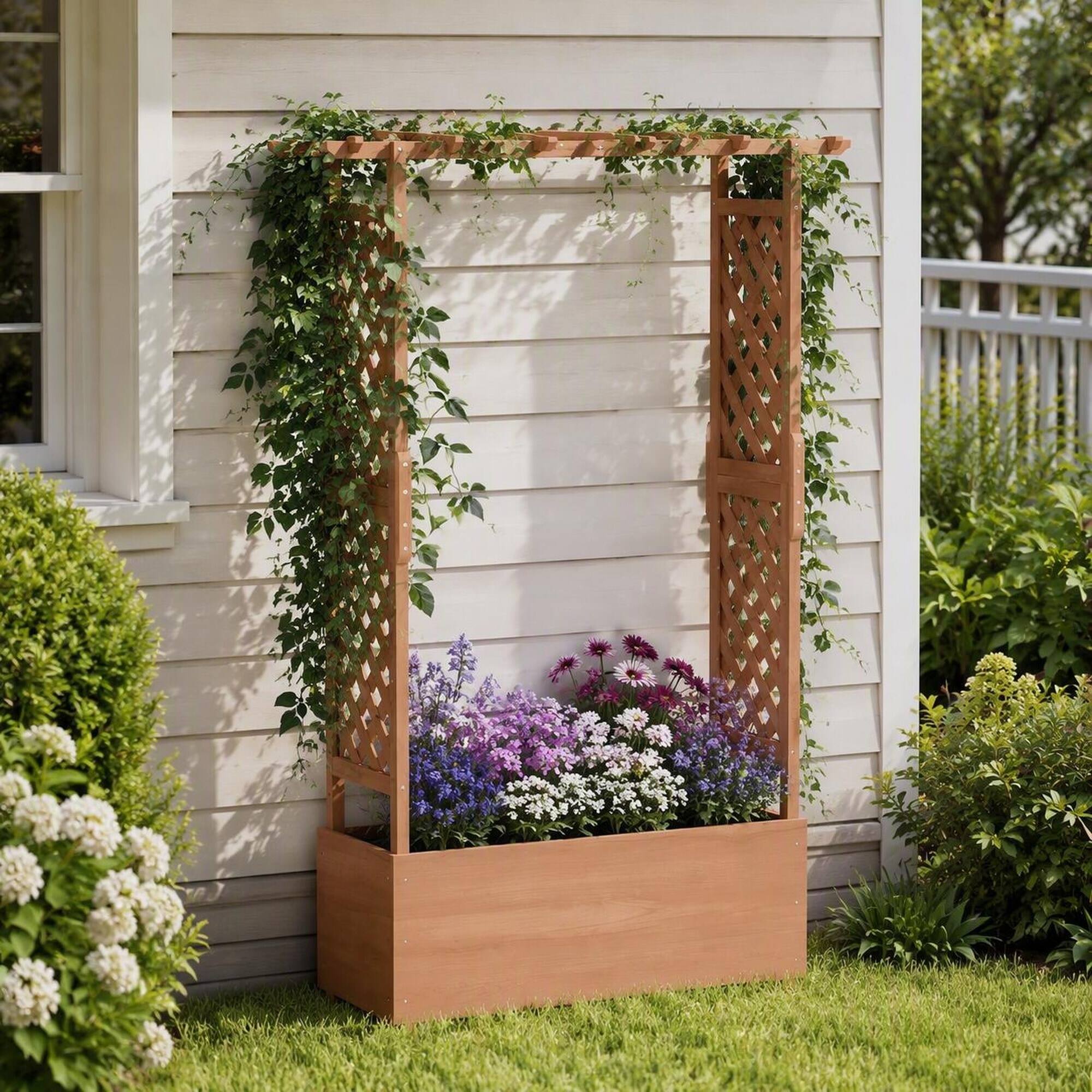 Angle. RYHNUYNE - Raised Wooden Garden Planter with Arch Trellis for Climbing Plants and Hanging Flowers, 44 x 16.25 x 70.75 Inch - Brown.