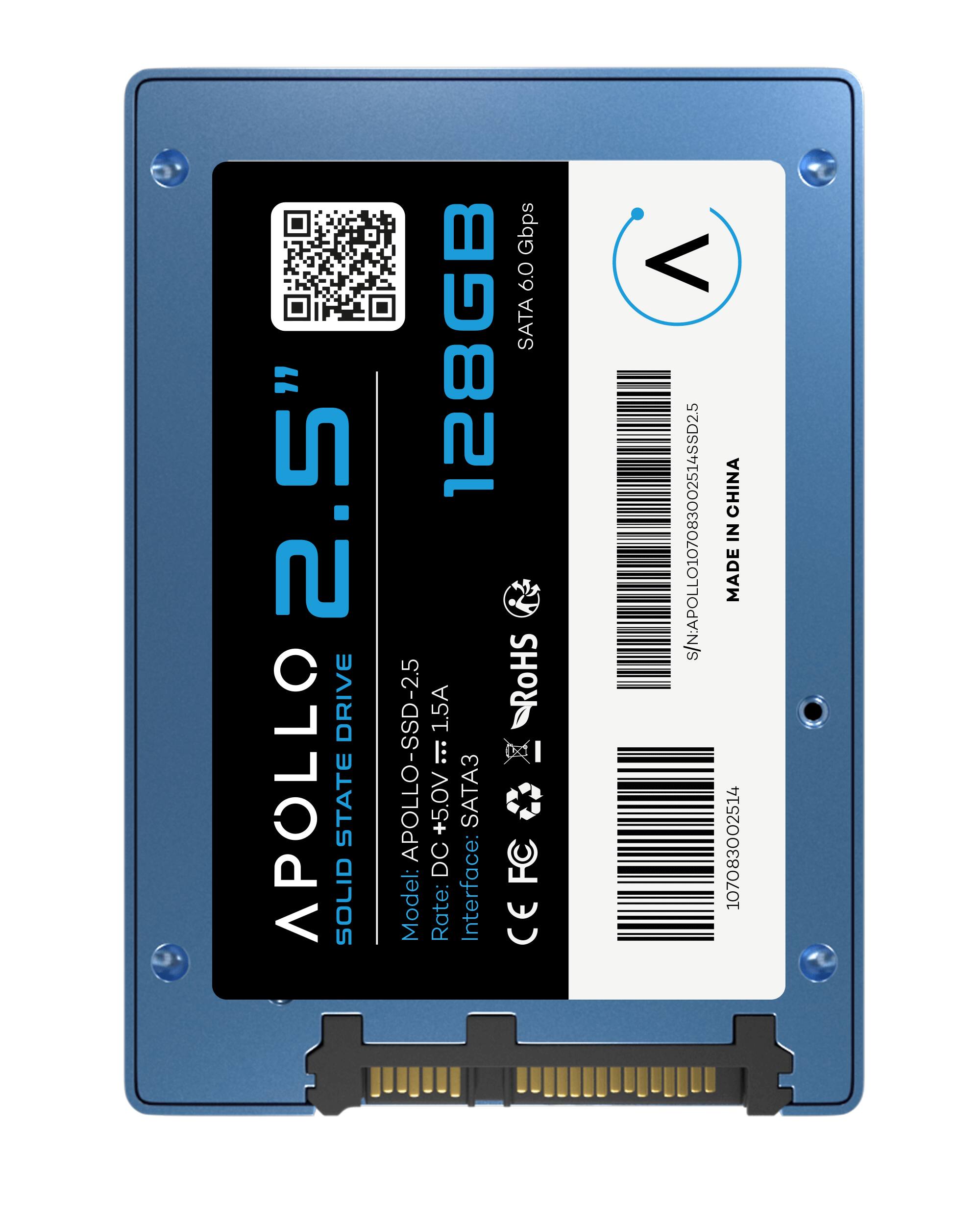 Sure, here is the corrected and grouped text from the image:

---

**APOLLO 2.5" SOLID STATE DRIVE**

- **Model:** APOLLO-SSD-2.5
- **Capacity:** 128GB
- **Interface:** SATA 6.0 Gbps
- **DC Input:** +5.0V
- **Voltage:** 1.5A
- **RoHS**

**Specifications:**
- **Rate:** SATA3
- **Interface:** SATA3

**Certifications:**
- **CE**
- **FC**

**Additional Information:**
- **Made in China**
- **Barcode:** 69300210708300254552
- **Serial Number:** 10708300254552
- **Model Number:** 10708300254552

**QR Code and Barcodes:**
- (QR Code and Barcodes are present on the label)

---

This text is organized to reflect the information provided on the SSD label.
