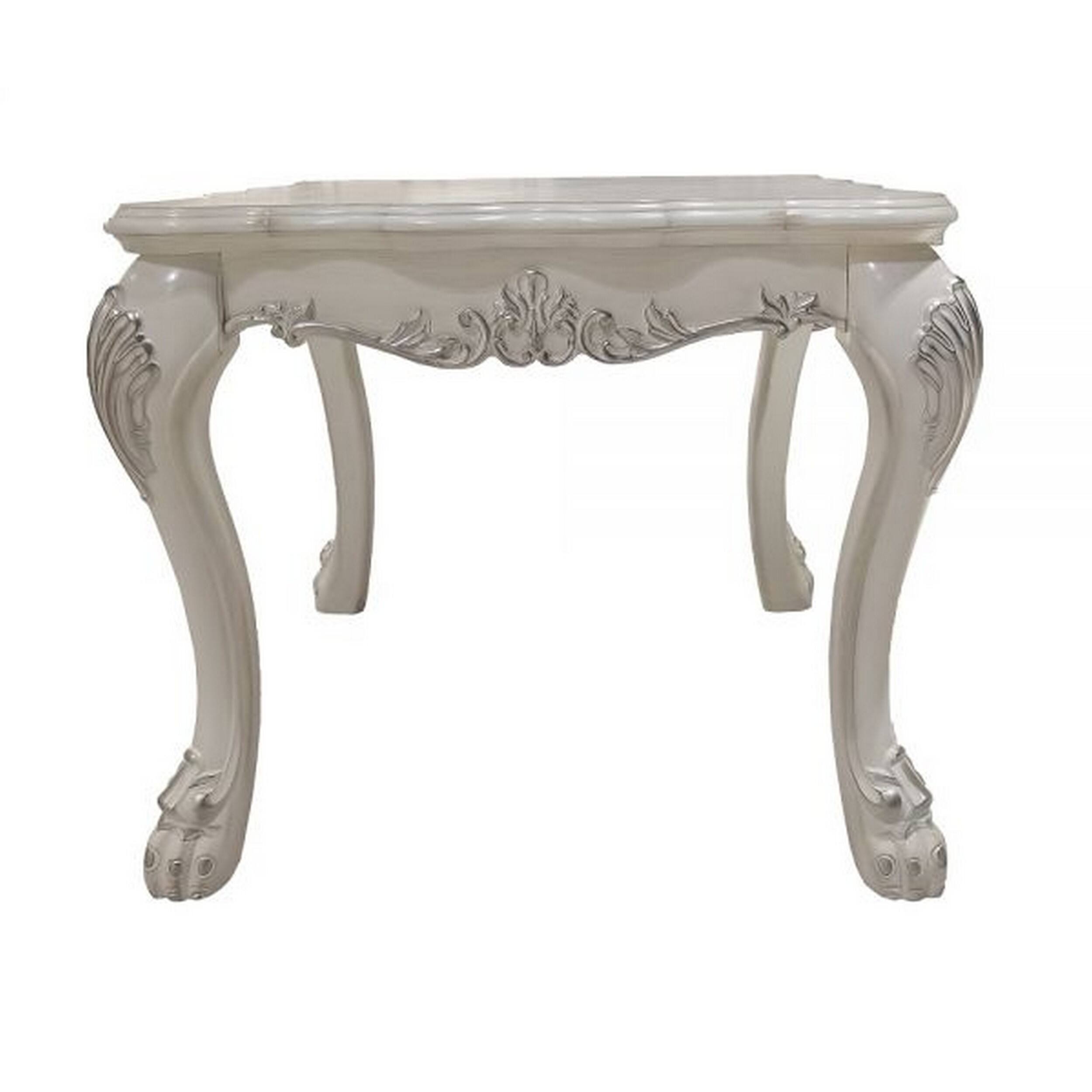 Alt View 1. Manhattan Lane - Ally 28 Inch Side End Table, Aspen Wood, Classic Scrollwork, Polyresin - White, Silver.