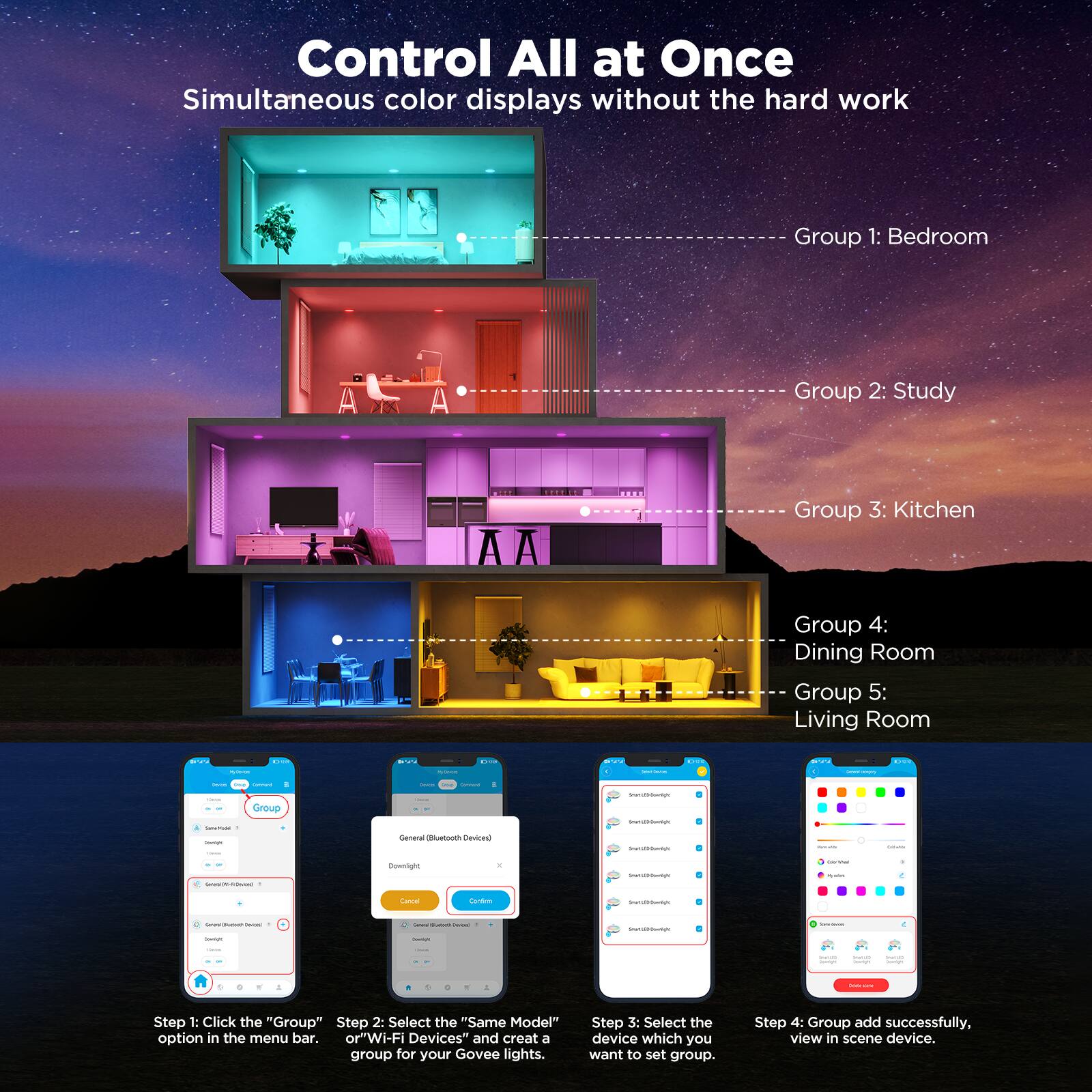 Control All at Once Simultaneous color displays without the hard work Group 1: Bedroom Group 2: Study Group 3: Kitchen Group 4: Dining Room Group 5: Living Room

Step 1: Click the "Group" button.
Step 2: Select the "Same Model" option in the menu bar or "Wi-Fi Devices" and create a group for your Govee lights.
Step 3: Select the device which you want to set group.
Step 4: Group added successfully, view in scene device.