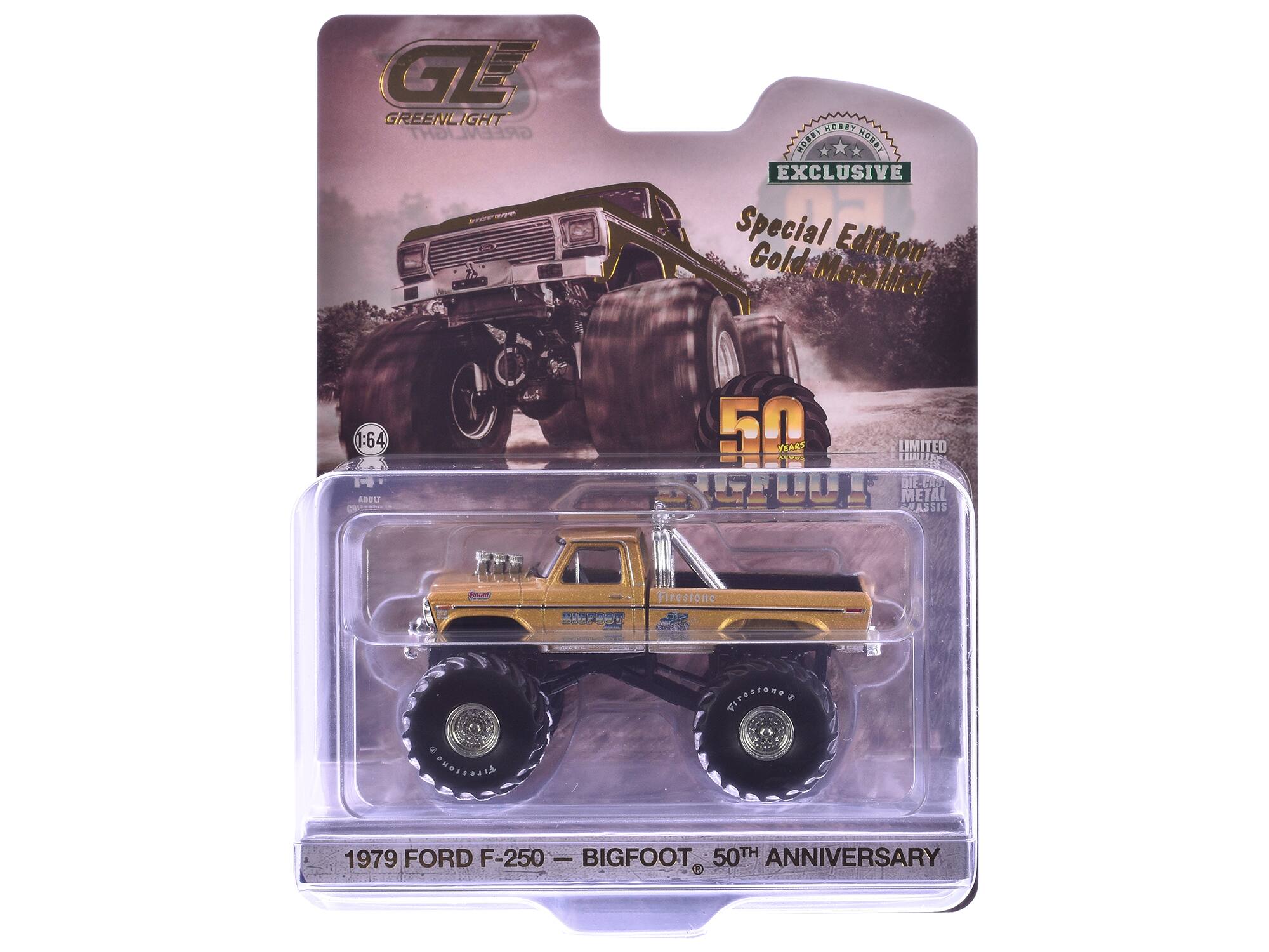 Sure, here is the corrected and grouped text from the image:

---

**Greenlight**

**Exclusive Special Gold Edition Gold-Metallic!**

**1:64**

**1979 FORD F-250 - BIGFOOT - 50TH ANNIVERSARY**

**DIE-CAST METAL ASSIS**

**LIMITED**

**50 YEARS**

**FIRESTONE**

**FIRESTONE**

**FIRESTONE**

**FIRESTONE**

**FIRESTONE**

**FIRESTONE**

**FIRESTONE**

**FIRESTONE**

**FIRESTONE**

**FIRESTONE**

**FIRESTONE**

**FIRESTONE**

**FIRESTONE**

**FIRESTONE**

**FIRESTONE**

**FIRESTONE**

**FIRESTONE**

**FIRESTONE**

**FIRESTONE**

**FIRESTONE**

**FIRESTONE**

**FIRESTONE**

**FIRESTONE**

**FIRESTONE**

**FIRESTONE**

**FIRESTONE**

**FIRESTONE**

**FIRESTONE**

**FIRESTONE**

**FIRESTONE**

**FIRESTONE**

**FIRESTONE**

**FIRESTONE**

**FIRESTONE**

**FIRESTONE**

**F