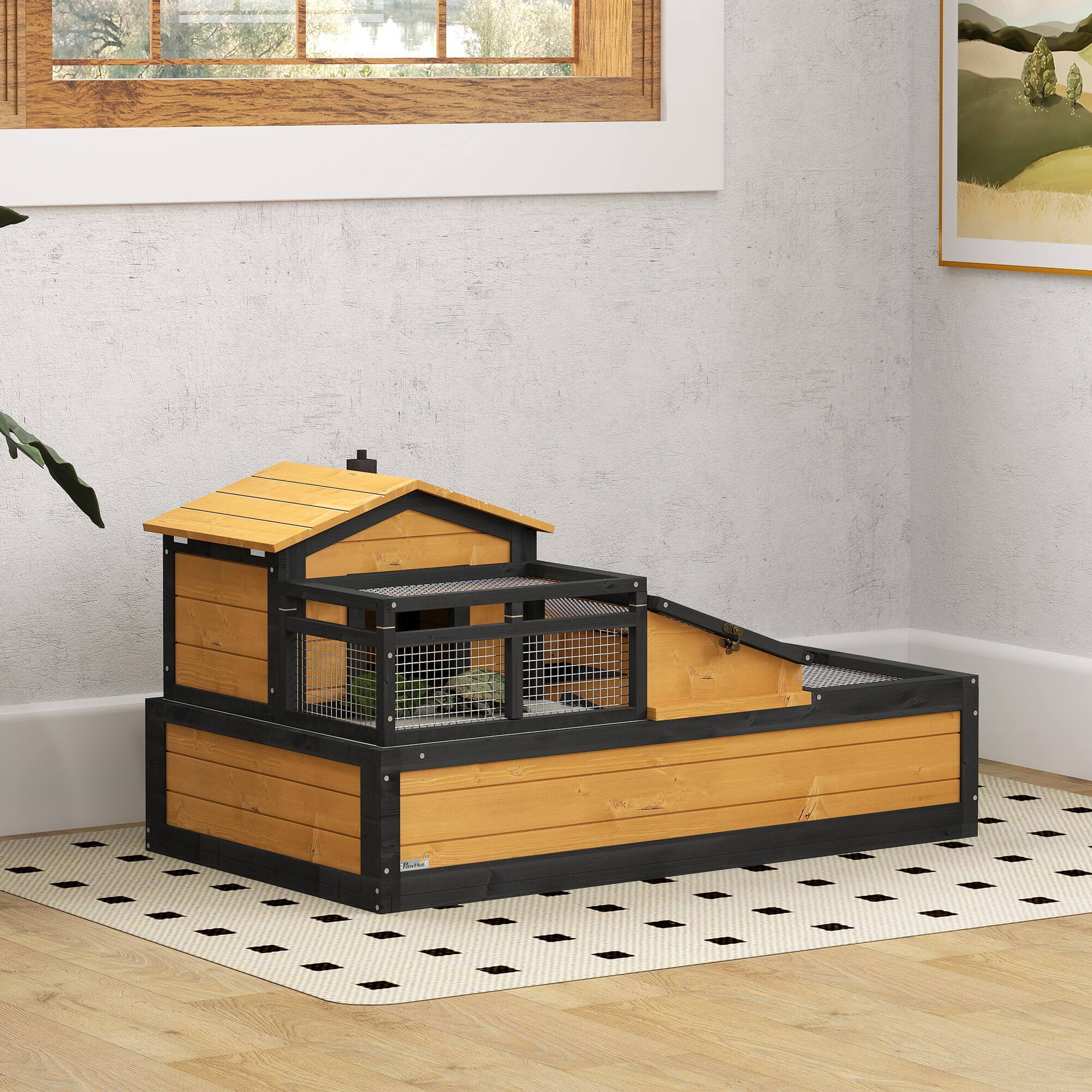 Angle. Pawhut - 3-Room Tortoise House Habitat with Balcony, 2 Stories, Wooden Enclosure, Ladder, Tray, Openable Roof.