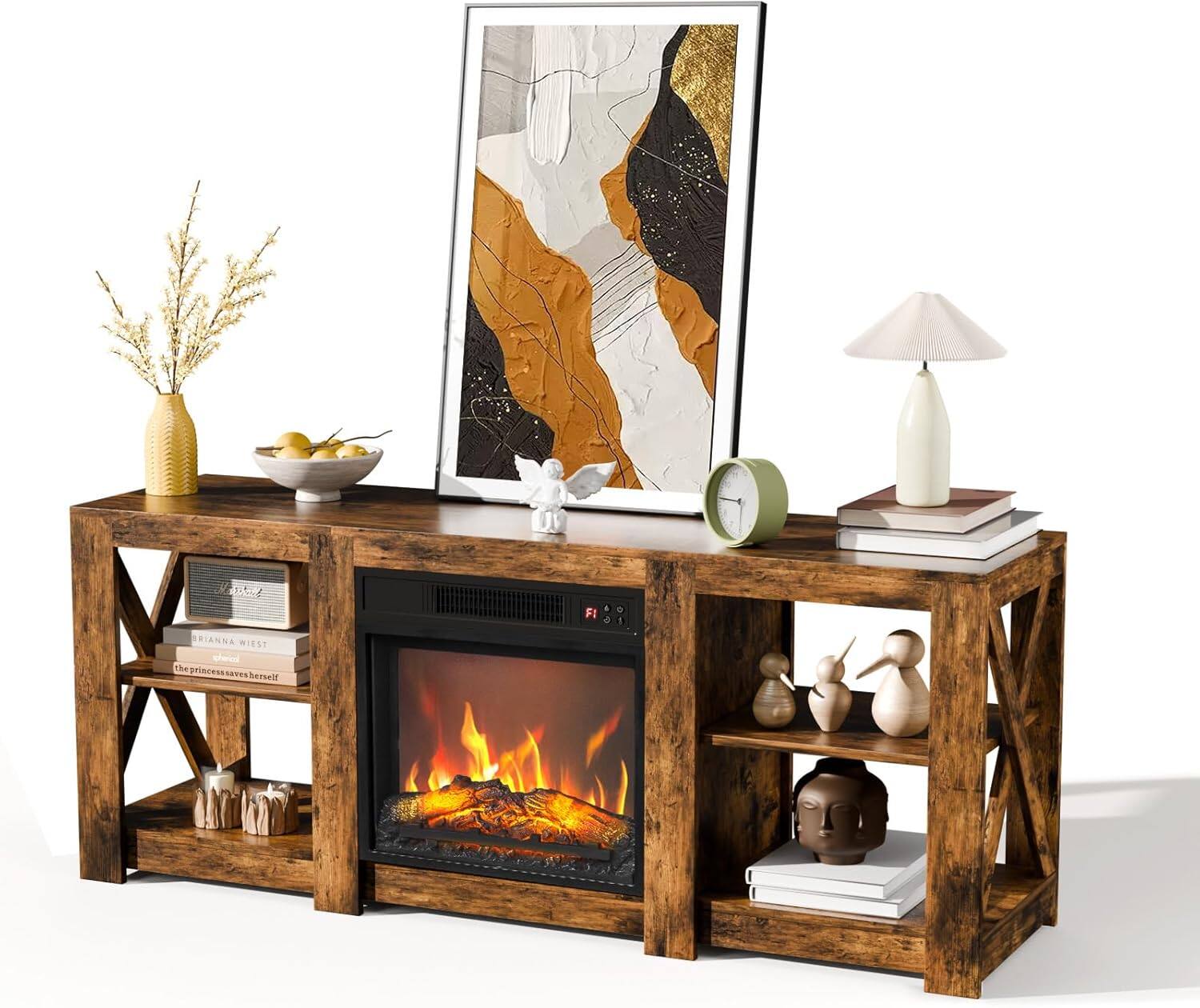 Alt View 1. Winado - 70" Fireplace TV Stand Table with Remoted 18" Embedded Electric Fireplace Heater Entertainment Center for Up to 70in TVs - Rustic Brown.