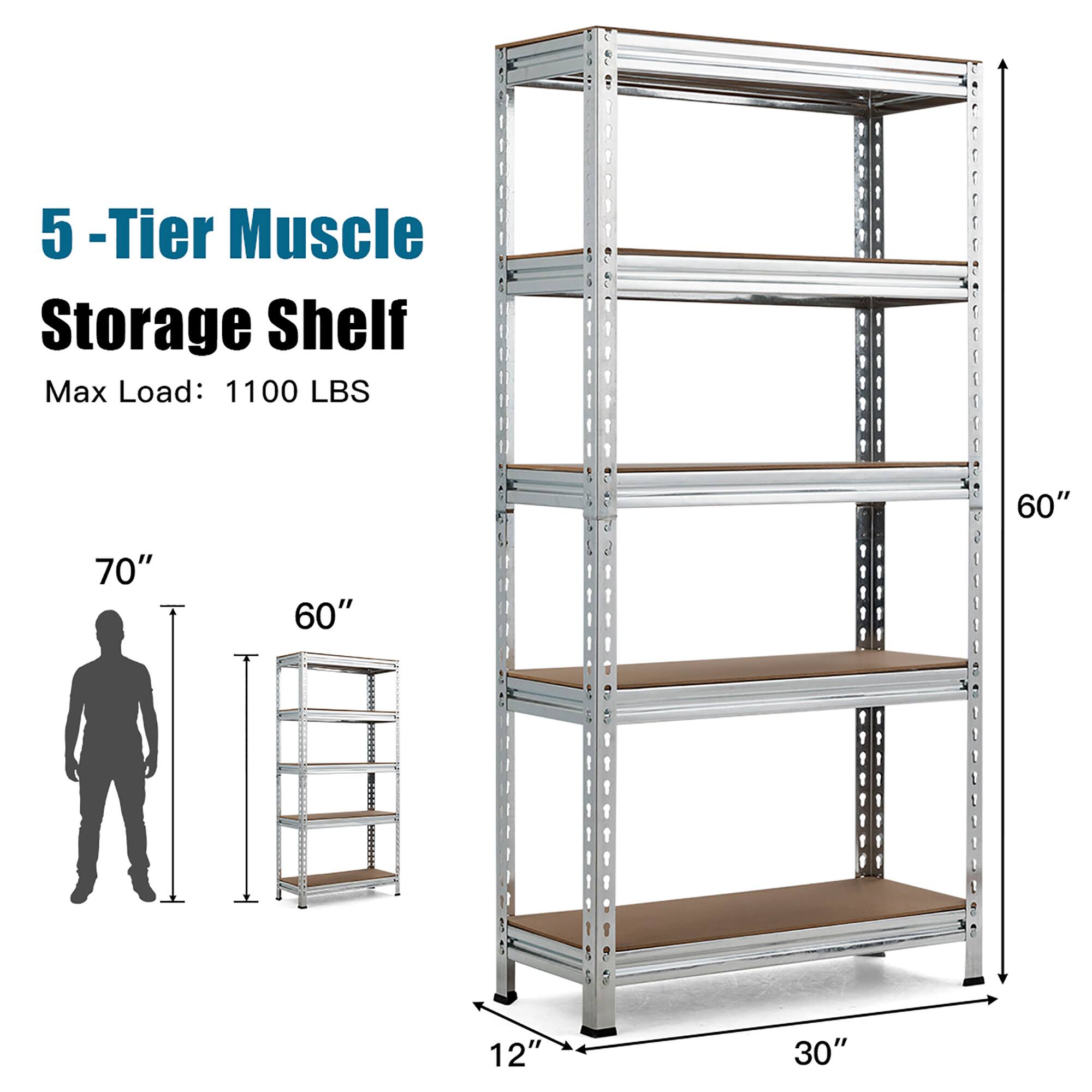 5-Tier Muscle Storage Shelf  
Max Load: 1100 LBS  

70"  
60"  
12"  
30"