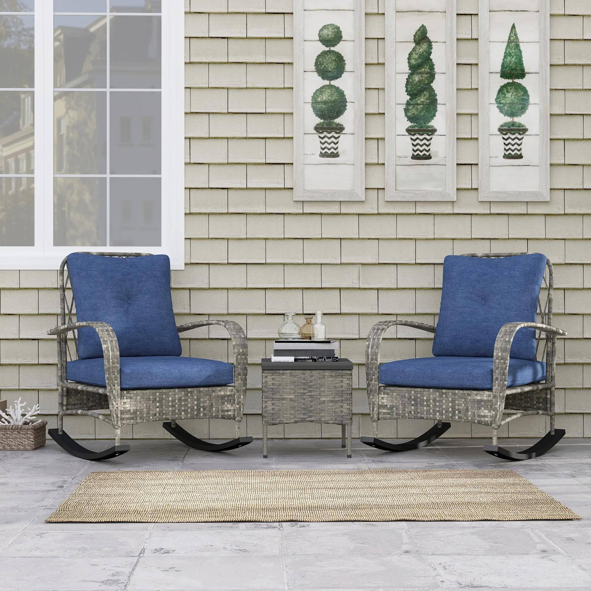 Left. Resenkos - Resenkos 3 Pieces Wicker Patio Furniture Set, A Square Garden Table And Two Rocking Chairs, Gray - Gray.