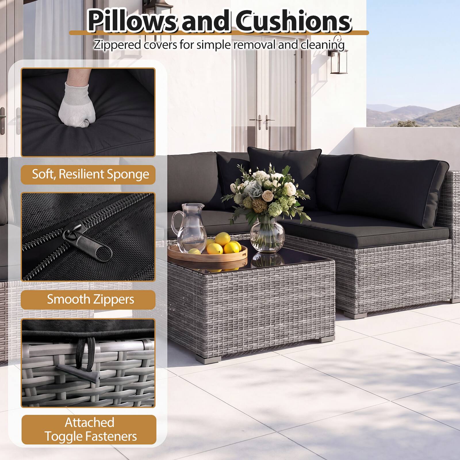 Pillows and Cushions  
Zippered covers for simple removal and cleaning  

- Soft, Resilient Sponge  
- Smooth Zippers  
- Attached Toggle Fasteners