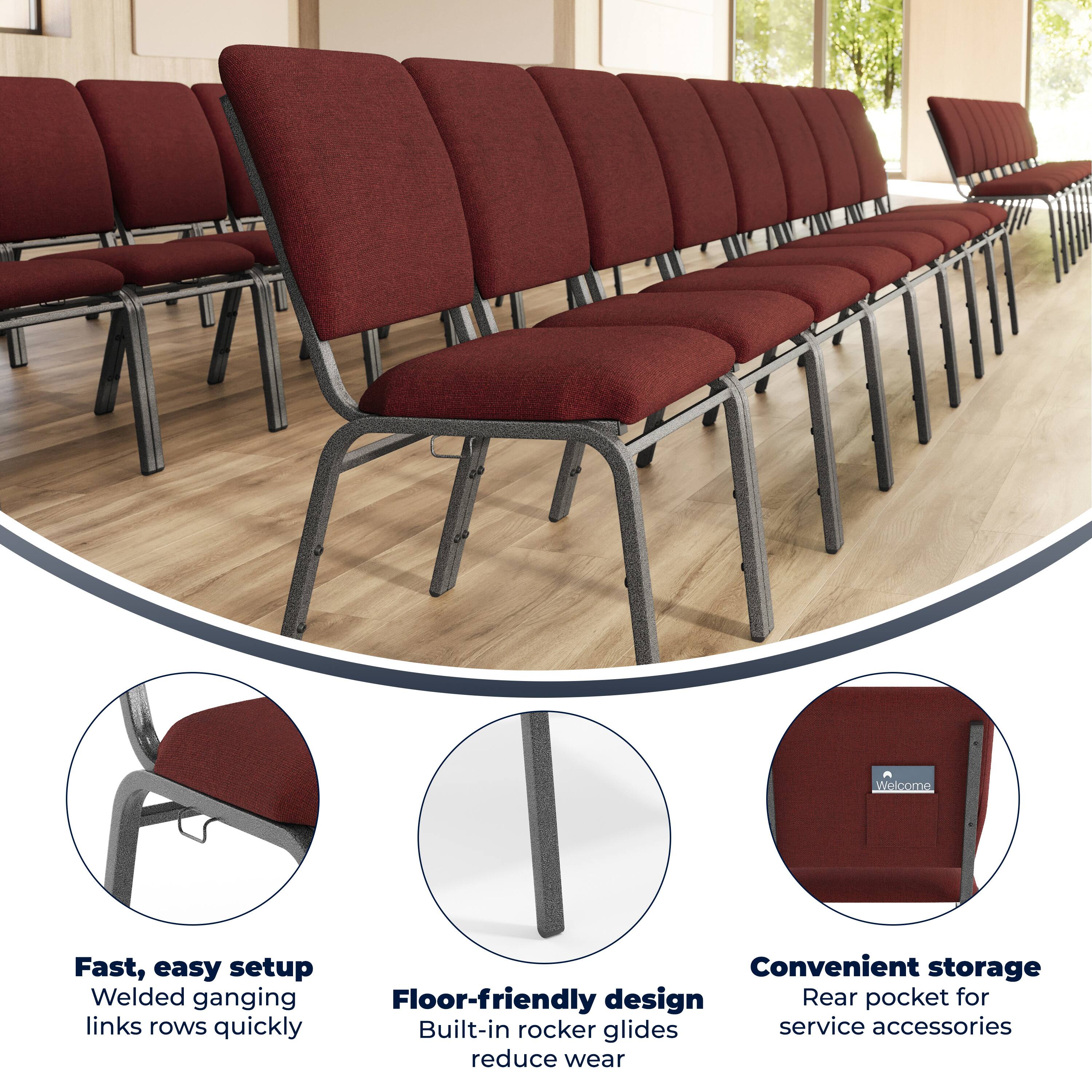 Fast, easy setup  
Welded ganging links rows quickly  
Floor-friendly design  
Built-in rocker glides reduce wear  
Convenient storage  
Rear pocket for service accessories