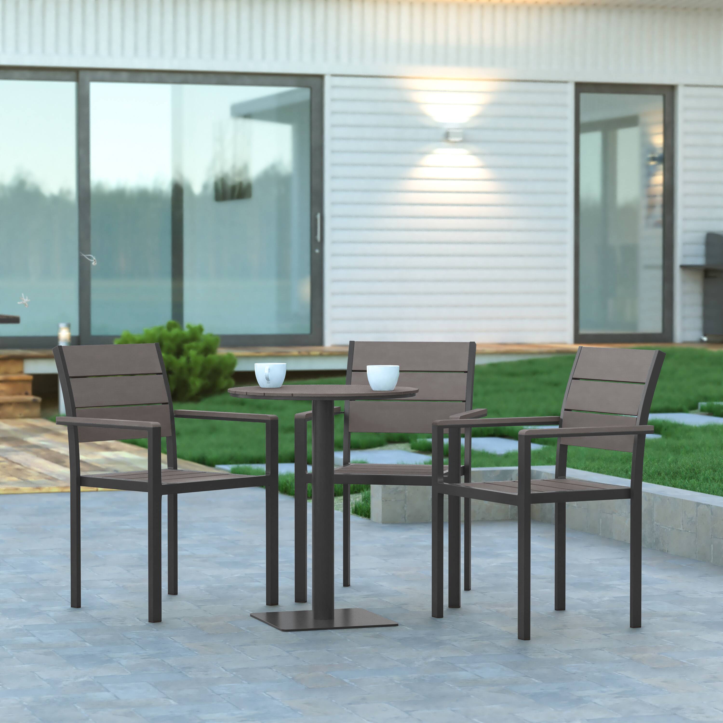 Alt View 4. Emma + Oliver - Fena Outdoor Stacking Side Chair with Faux Teak Poly Slat Seat, Back and Arms and Metal Frame - Gray.