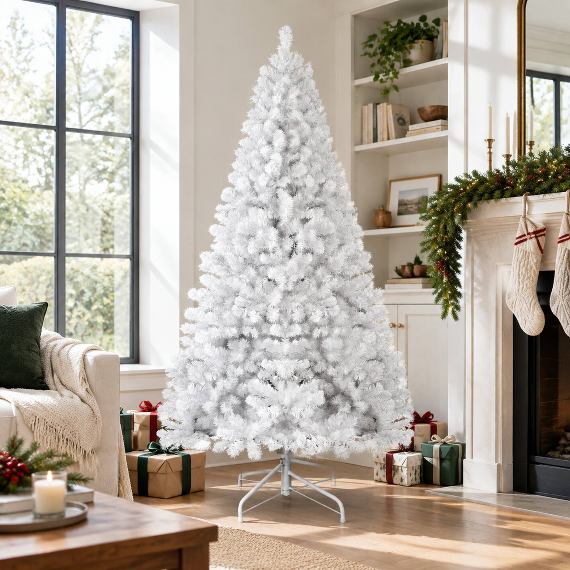 Back. RYHNUYNE - 8 Ft White Artificial Christmas Tree With Memory Wire 1430 Tips, Hinged PVC Branches Easy Assembly Indoor Decor - White.