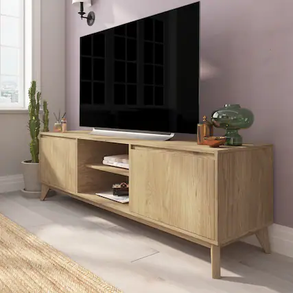 Front. Emma + Oliver - Beverly Mid-Century Modern Wooden TV Stand with Soft Close Doors, Shelf, Cord Management Hole and Tapered Legs - Light Natural.