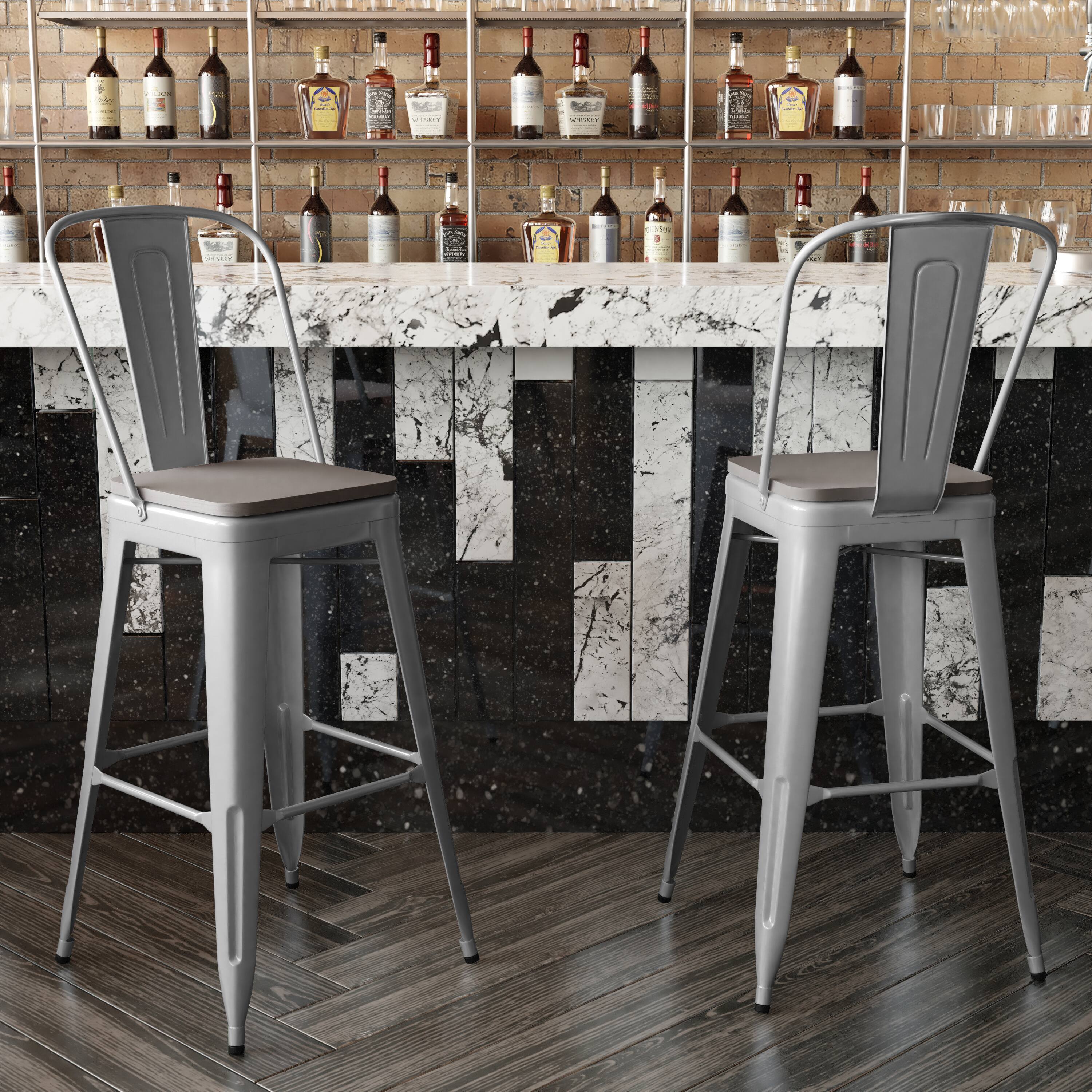 Alt View 3. Emma + Oliver - Kam Metal Indoor-Outdoor Stool with Removable Back and All-Weather Polystyrene Seat - Gray Seat/Silver Frame.
