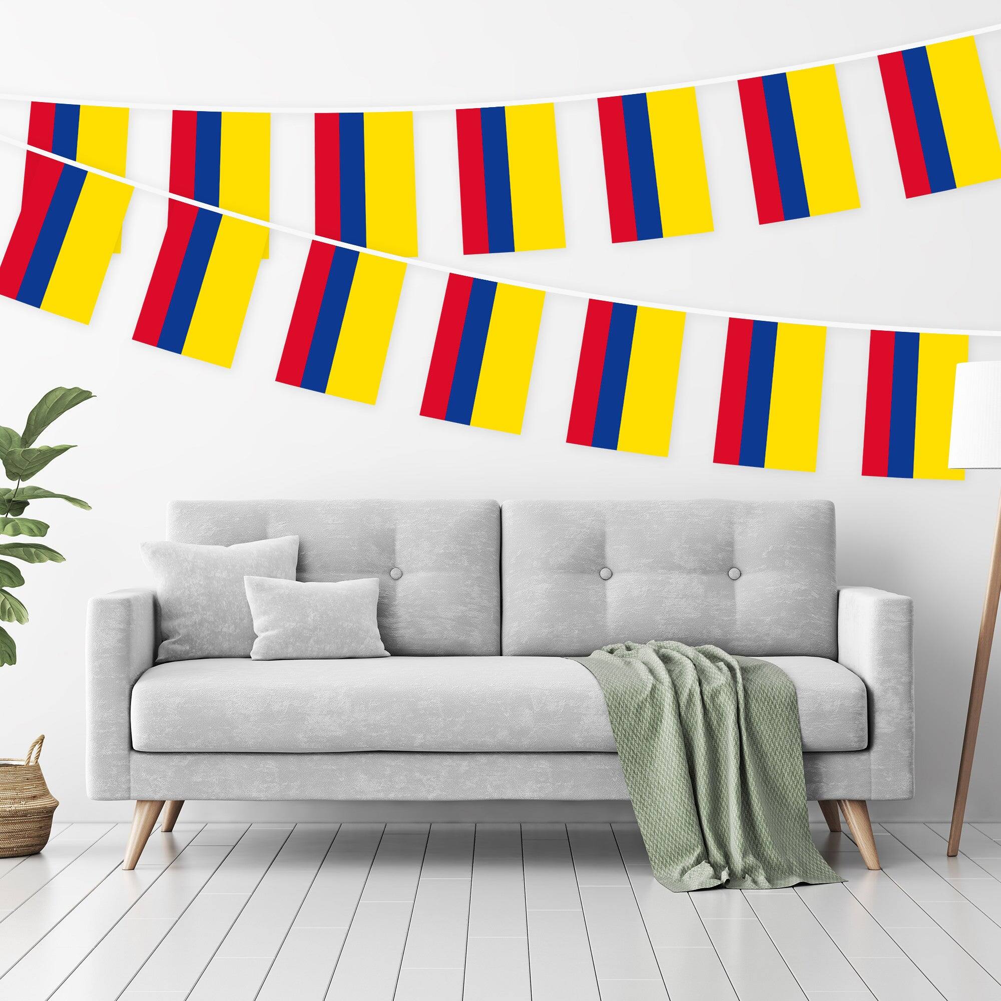 Angle. G128 - Colombia Bunting Banner, 33 ft String with 8.2 x 5.5 in Mini Flags - Assorted Colors.