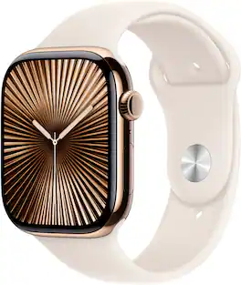Refurbished Excellent - Apple Watch Series 10 (GPS+Cellular) 46mm Titanium Case with Starlight Sport Band - M/L - Gold - (2024)
