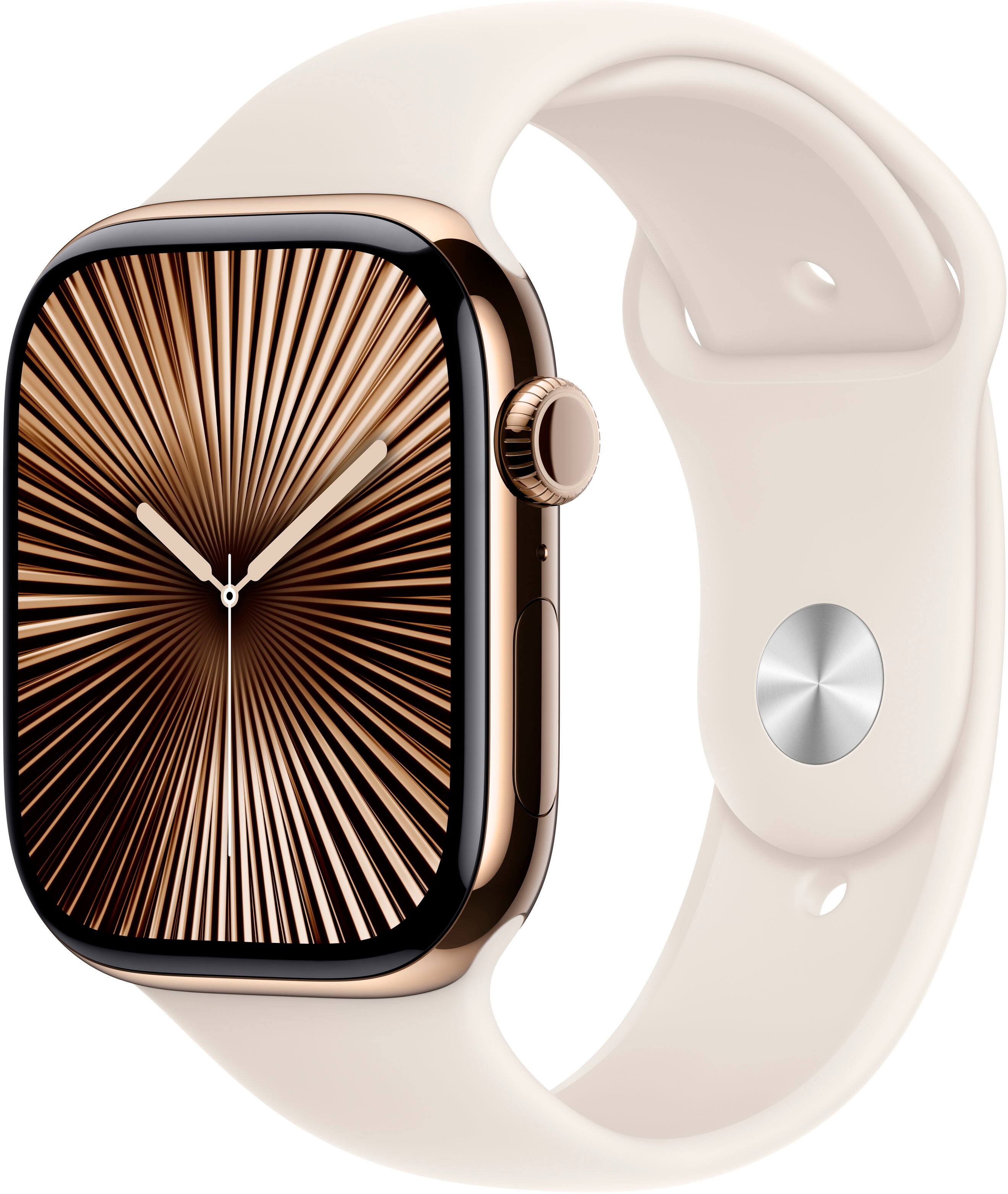 Angle. Apple - Apple Watch Series 10 (GPS+Cellular) 46mm Titanium Case with Starlight Sport Band - S/M - Gold.