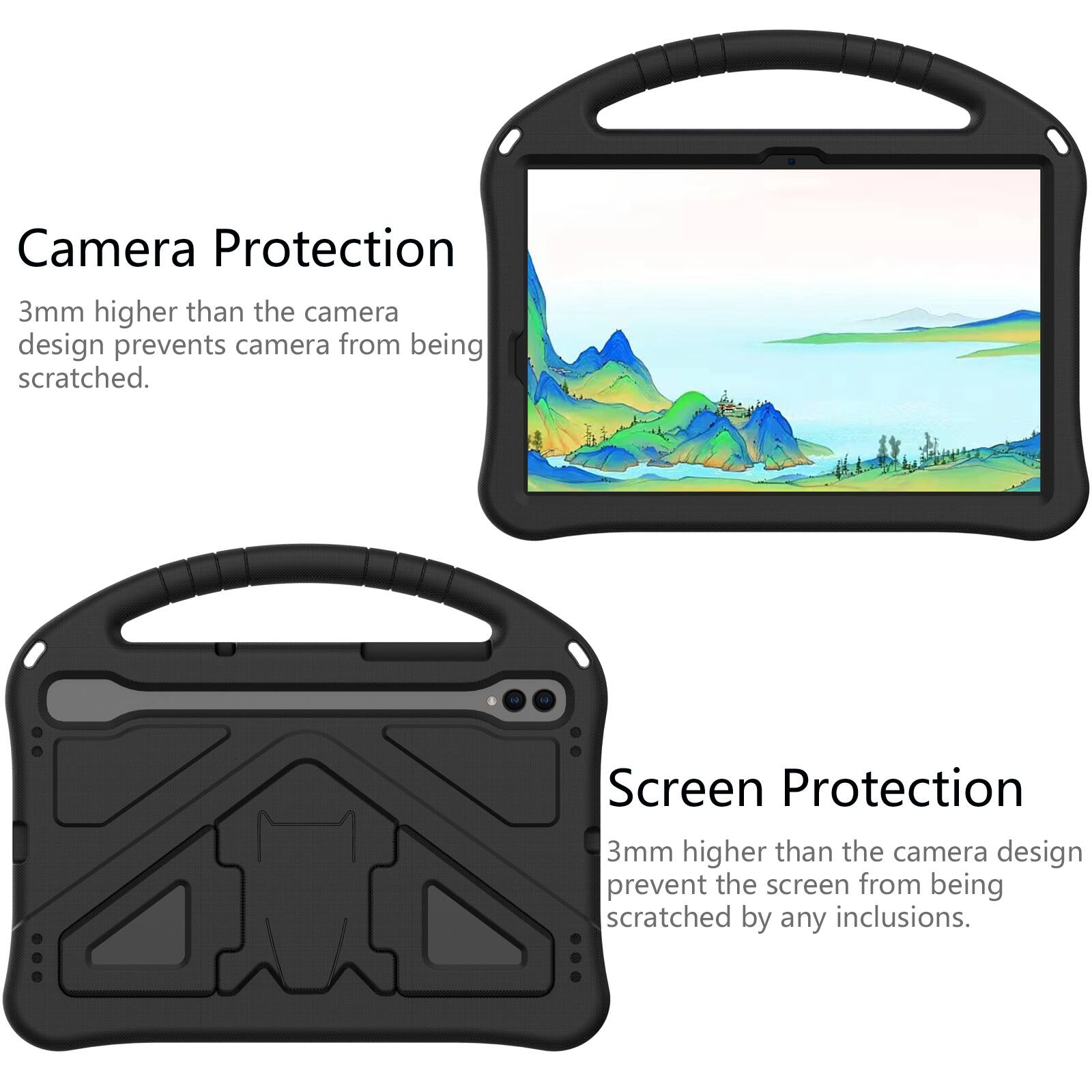 Camera Protection  
3mm higher than the camera design prevents camera from being scratched.  

Screen Protection  
3mm higher than the camera design prevent the screen from being scratched by any inclusions.