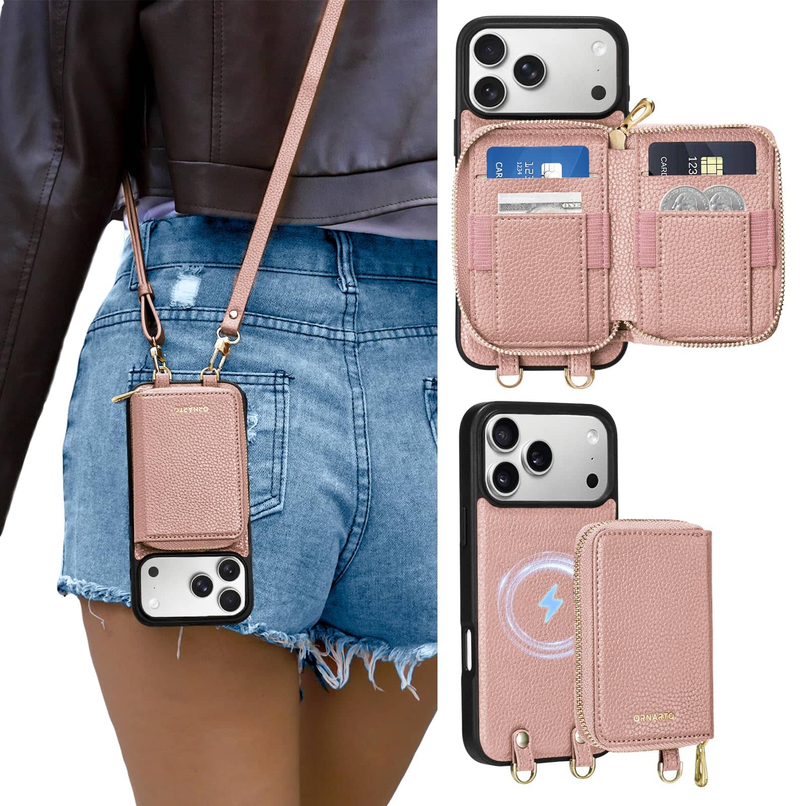 Ornarto - for Detachable Wallet Case for iPhone 17 Pro Max with MagSafe, Case with Card Holder Wrist Strap - Pink