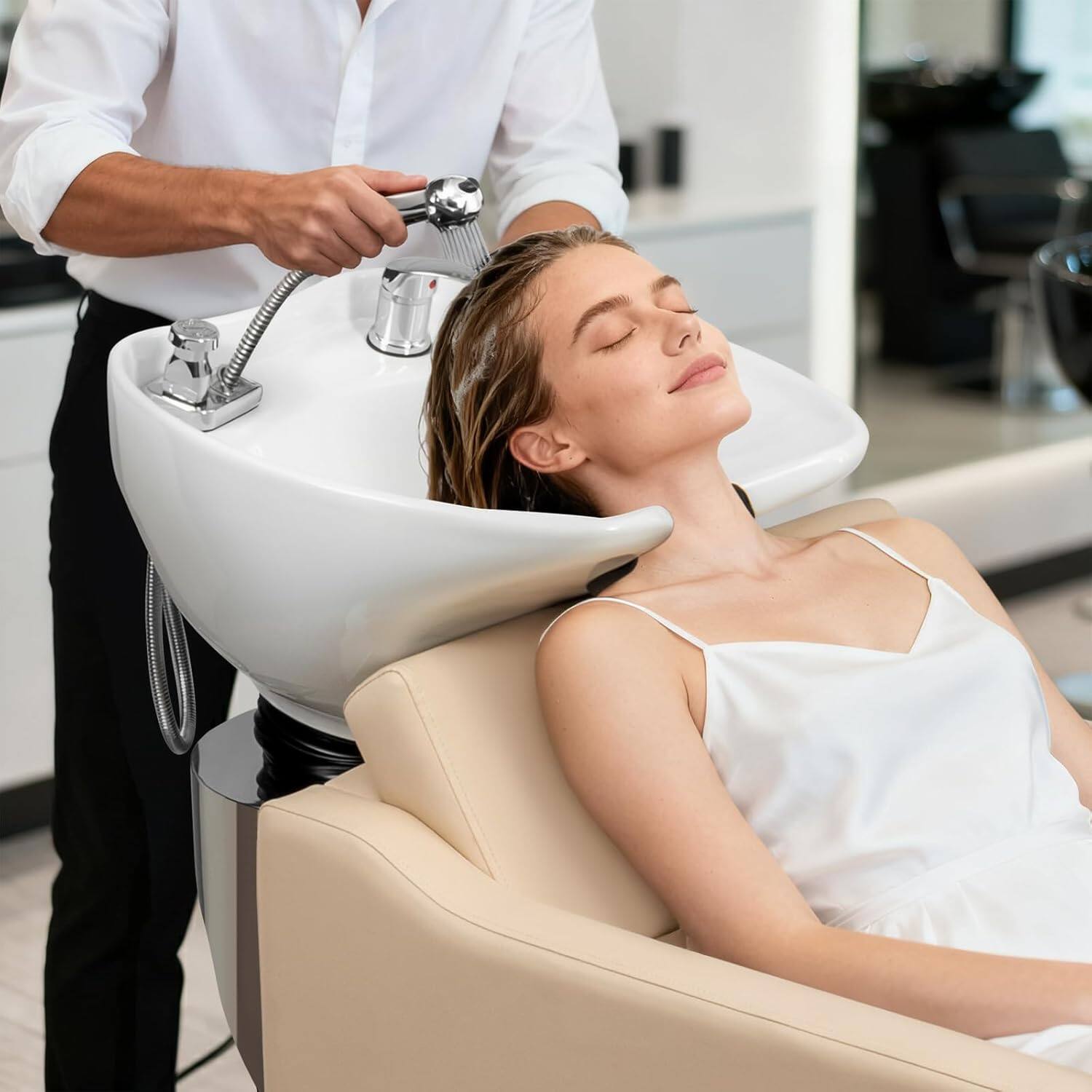 Alt View 5. Winado - Ceramic Hair Wash Bowl Sink with Shampoo Chair, Manual Adjustable Leg Rest & Tilting Shampoo Bowl - Beige.