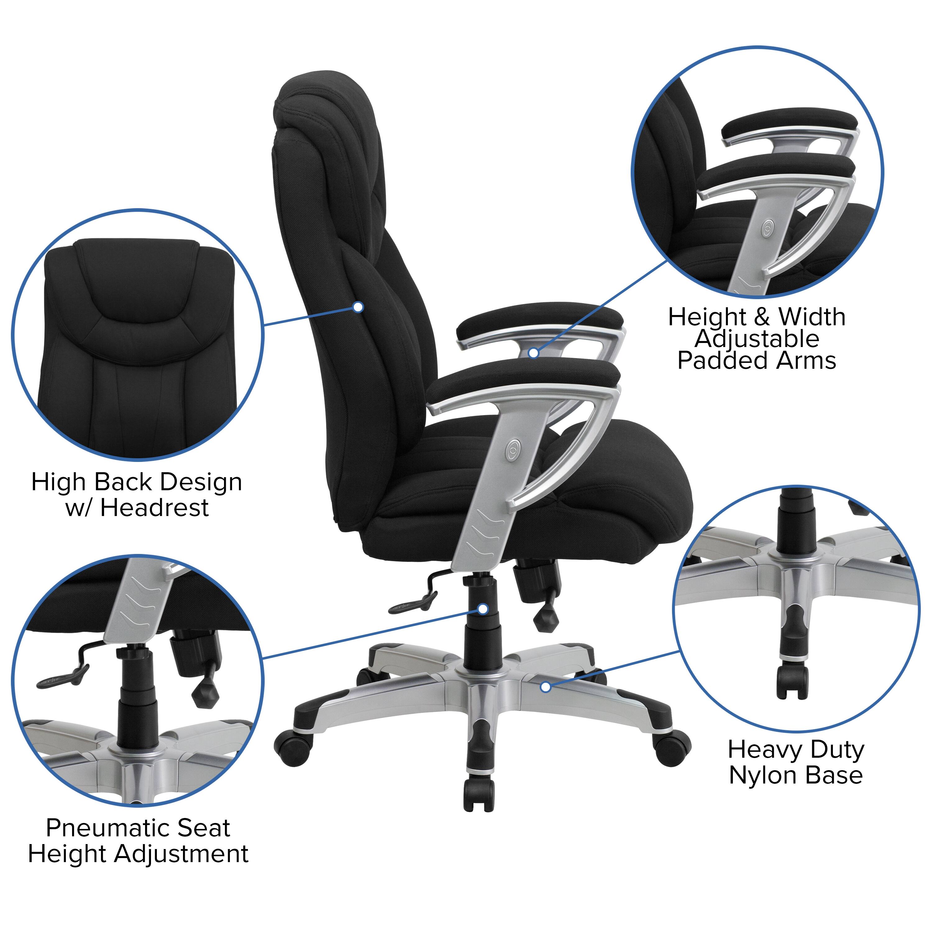 Height & Width Adjustable Padded Arms  
High Back Design w/ Headrest  
Heavy Duty Nylon Base  
Pneumatic Seat Height Adjustment