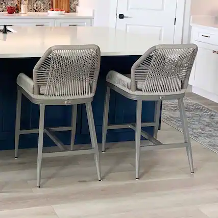 Front. PURPLE LEAF - Outdoor Bar Stool Set of 2, Wicker Rattan Bar stools with Back Aluminum Outside Garden Patio Bar Chairs - Light Grey-twill-Counter Height.