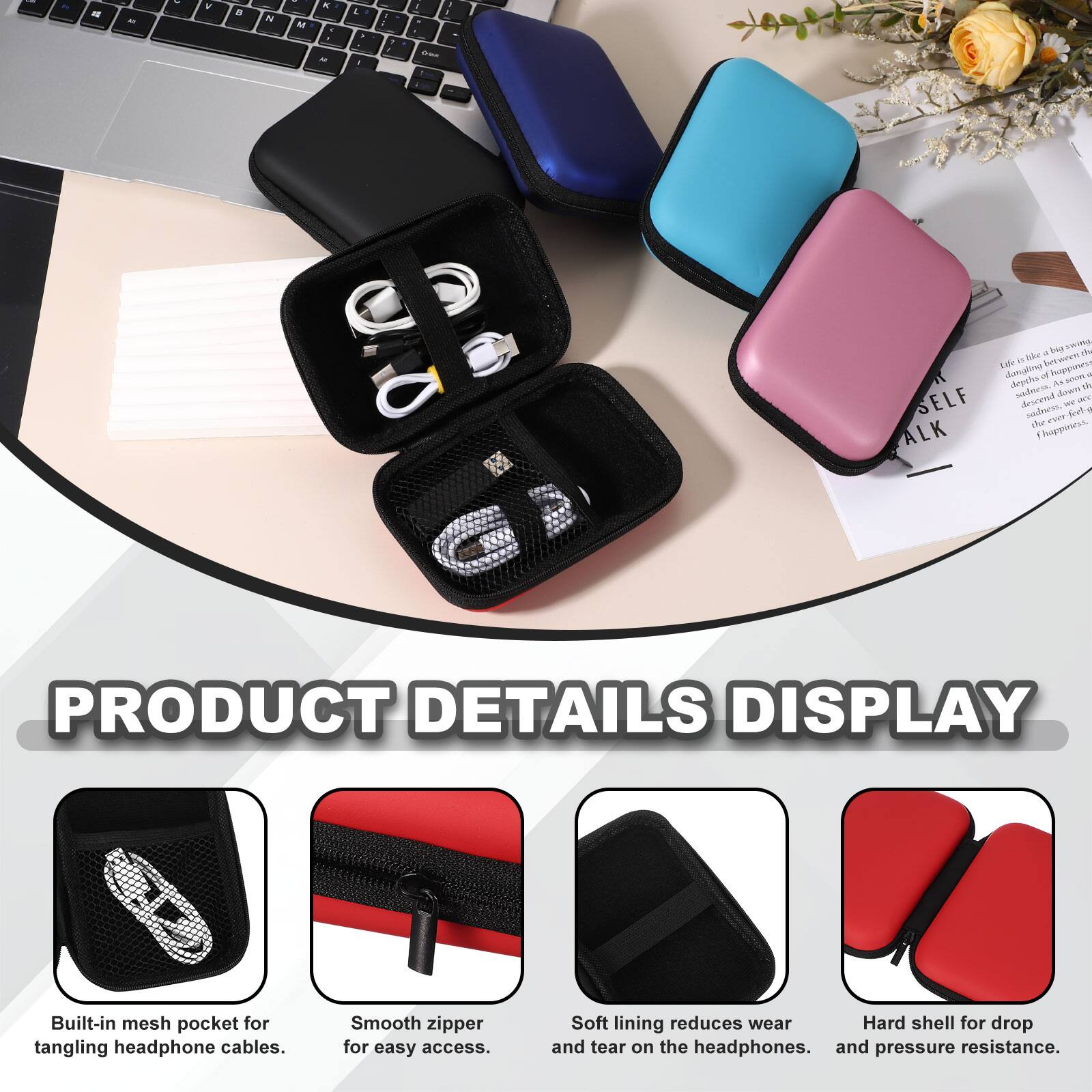 PRODUCT DETAILS DISPLAY

- Built-in mesh pocket for tangling headphone cables.
- Smooth zipper for easy access.
- Soft lining reduces wear and tear on the headphones.
- Hard shell for drop and pressure resistance.
