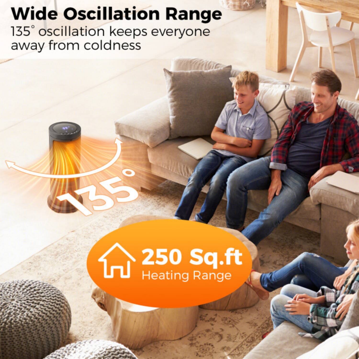 Wide Oscillation Range  
135° oscillation keeps everyone away from coldness  

250 Sq.ft Heating Range