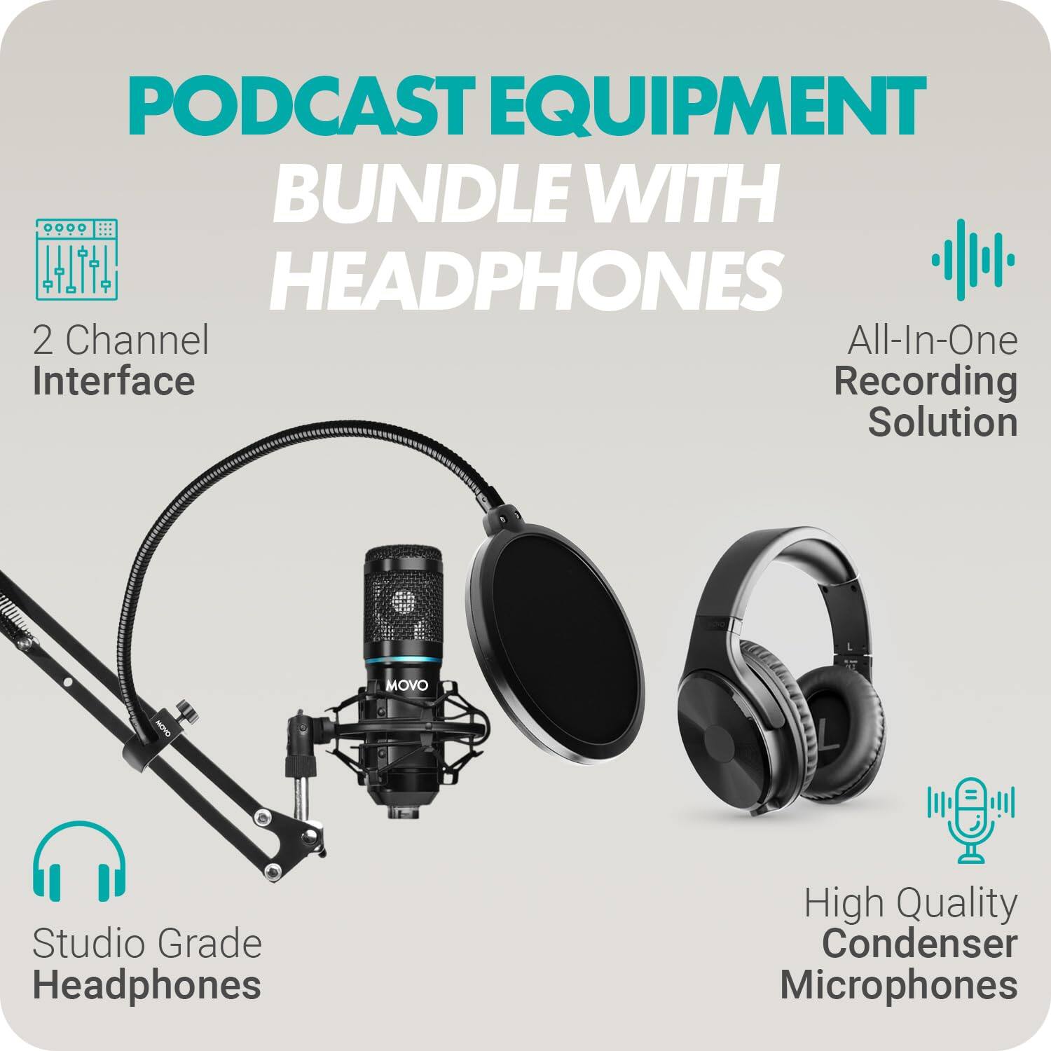 PODCAST EQUIPMENT BUNDLE WITH HEADPHONES

- 2 Channel Interface
- All-In-One Recording Solution
- Studio Grade Headphones
- High Quality Condenser Microphones