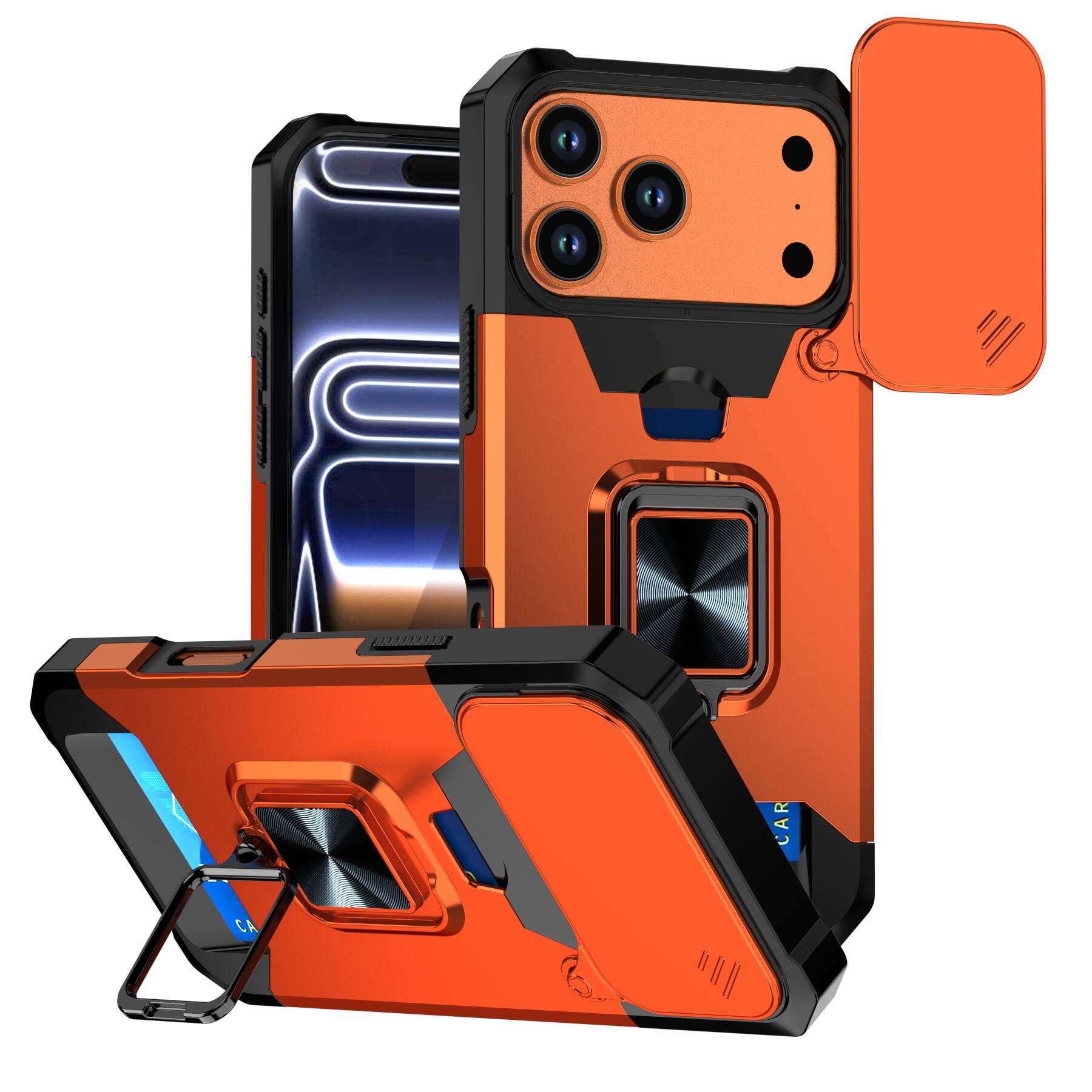 Dteck - Wallet Card Case for iPhone 17 Pro Max, Magnetic Heavy Duty Shockproof Lens Protection Ring Kickstand Cover - Orange