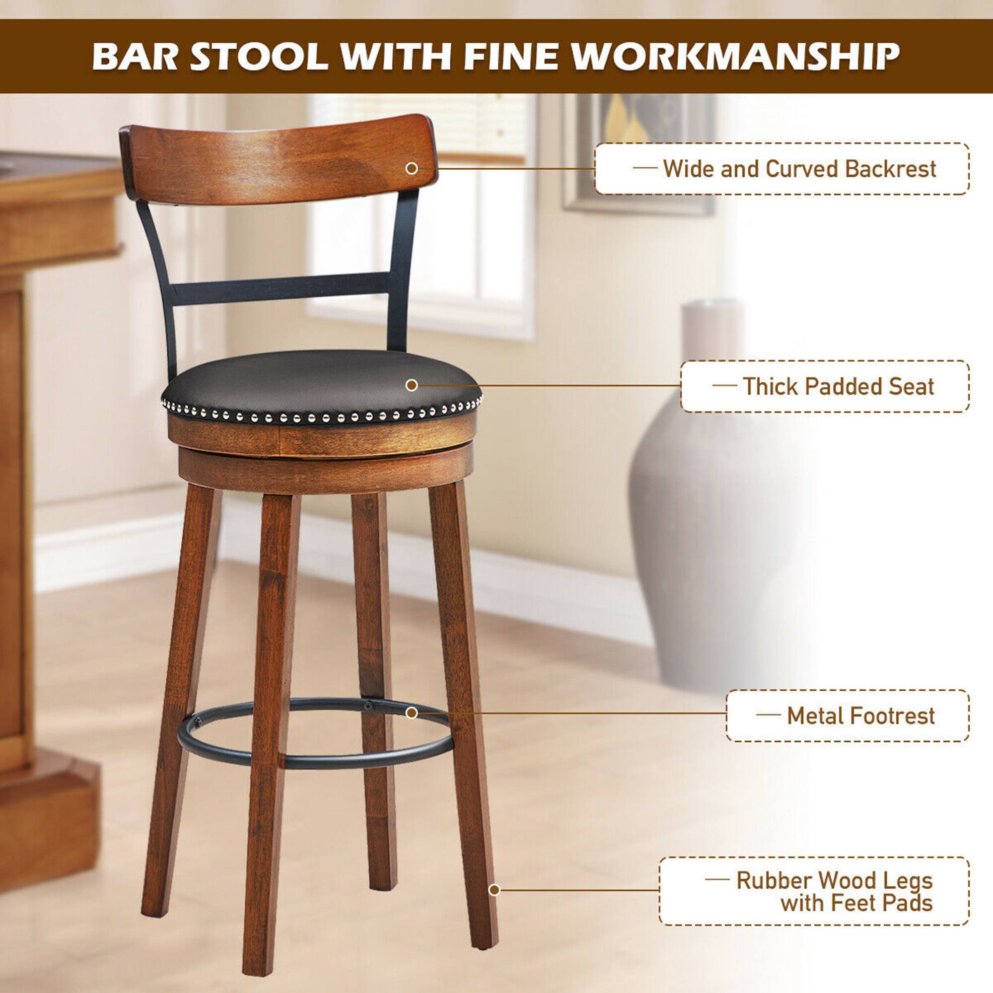 BAR STOOL WITH FINE WORKMANSHIP
Wide and Curved Backrest
Thick Padded Seat
Metal Footrest
Rubber Wood Legs with Feet Pads