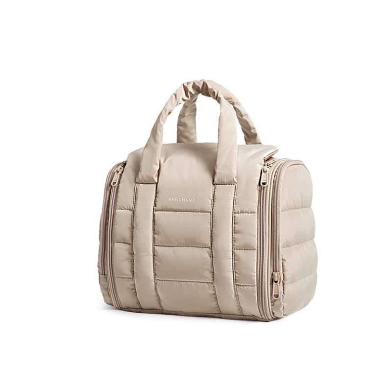 Front. Bagsmart - Puffy Hanging Toiletry Bag for Travel, Full-Sized Makeup Bag, Water-Resistant Cosmetic Bag with Removable Partition - Camel.