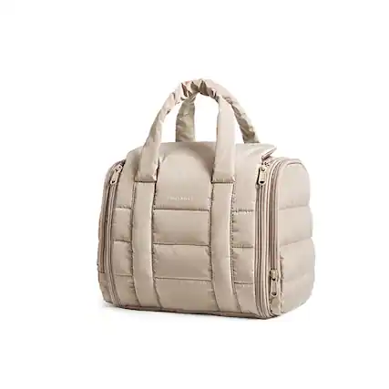 Front. Bagsmart - Puffy Hanging Toiletry Bag for Travel, Full-Sized Makeup Bag, Water-Resistant Cosmetic Bag with Removable Partition - Camel.