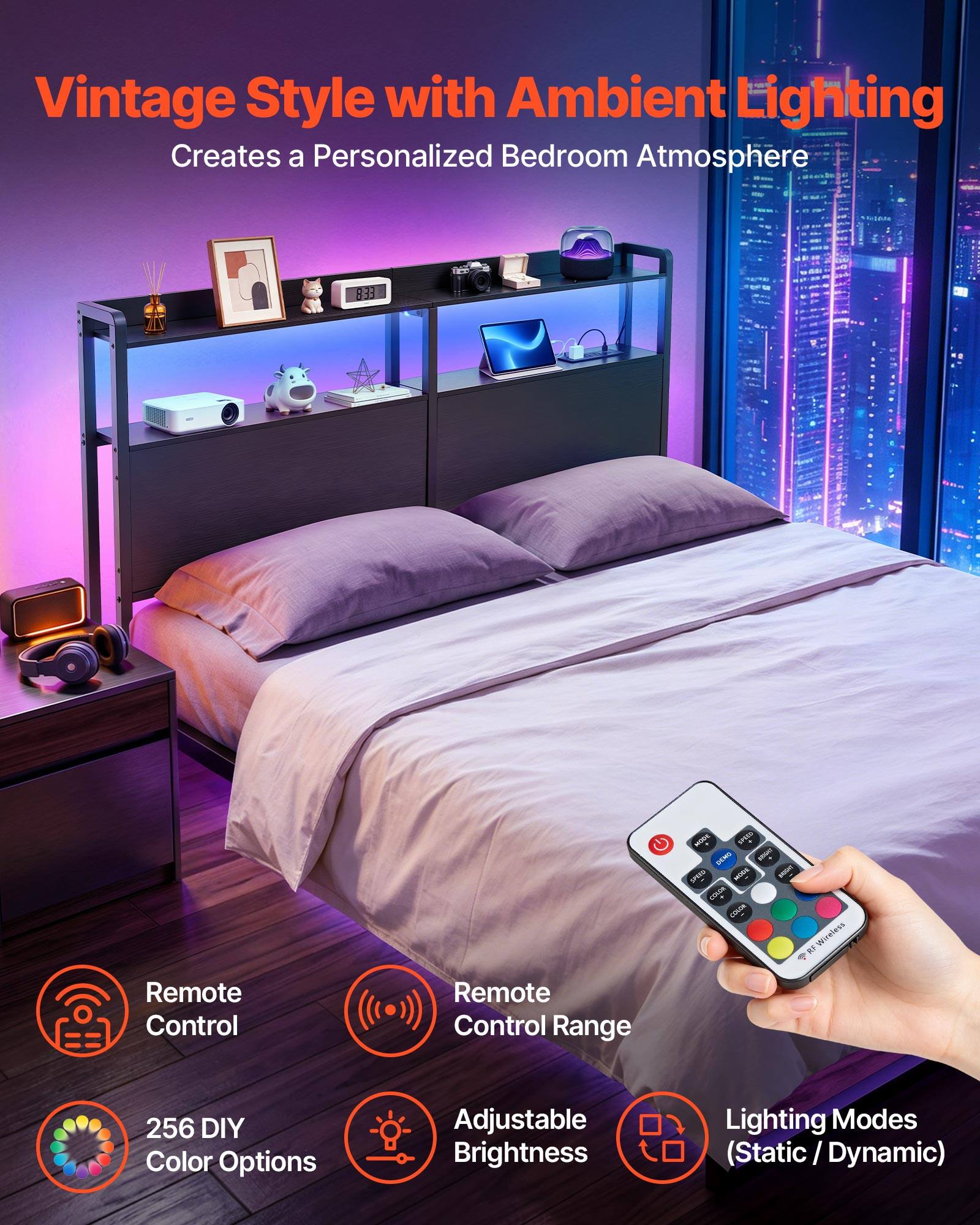 Vintage Style with Ambient Lighting Creates a Personalized Bedroom Atmosphere

933 MORK Size

AU Wireless WF

Remote Control

Remote Control Range

256 DIY Color Options

Adjustable Brightness

Lighting Modes (Static / Dynamic)