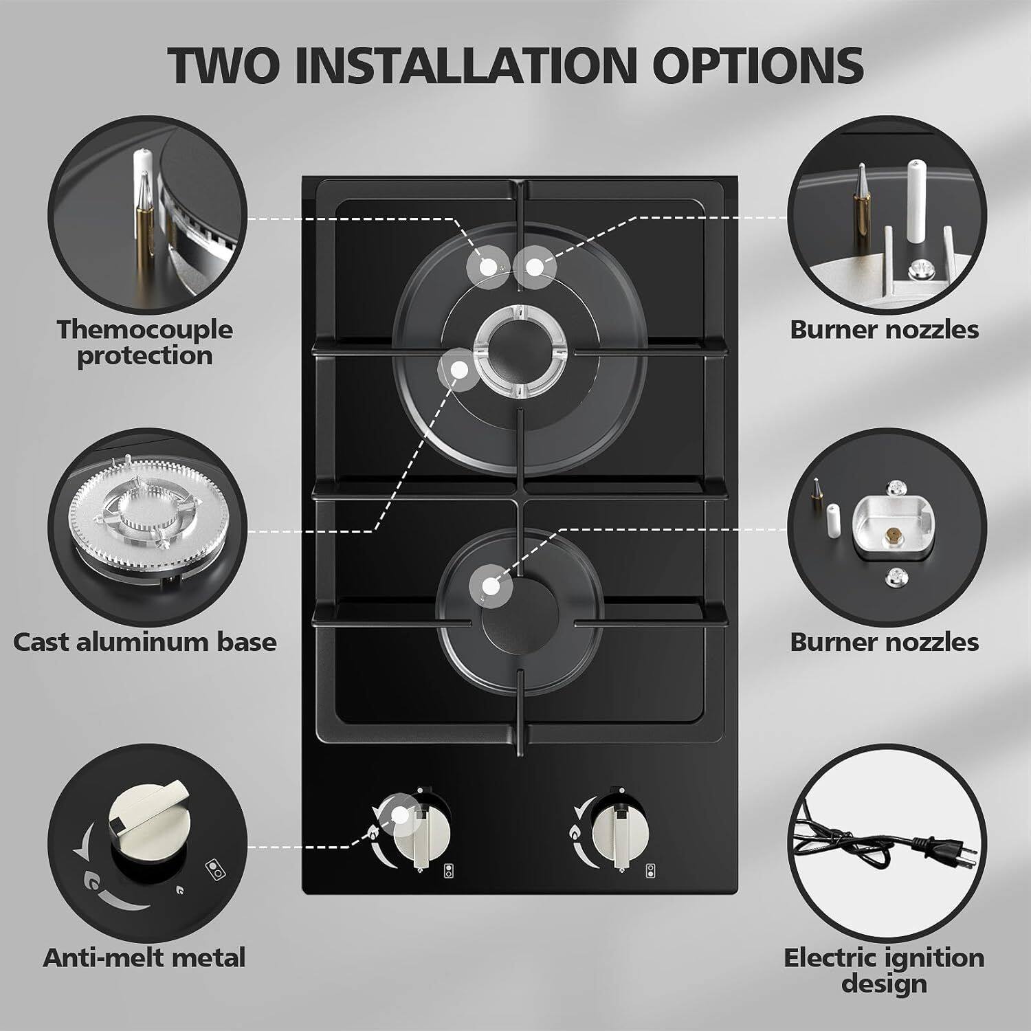 TWO INSTALLATION OPTIONS

- Thermocouple protection
- Burner nozzles
- Cast aluminum base
- Burner nozzles
- Anti-melt metal
- Electric ignition design