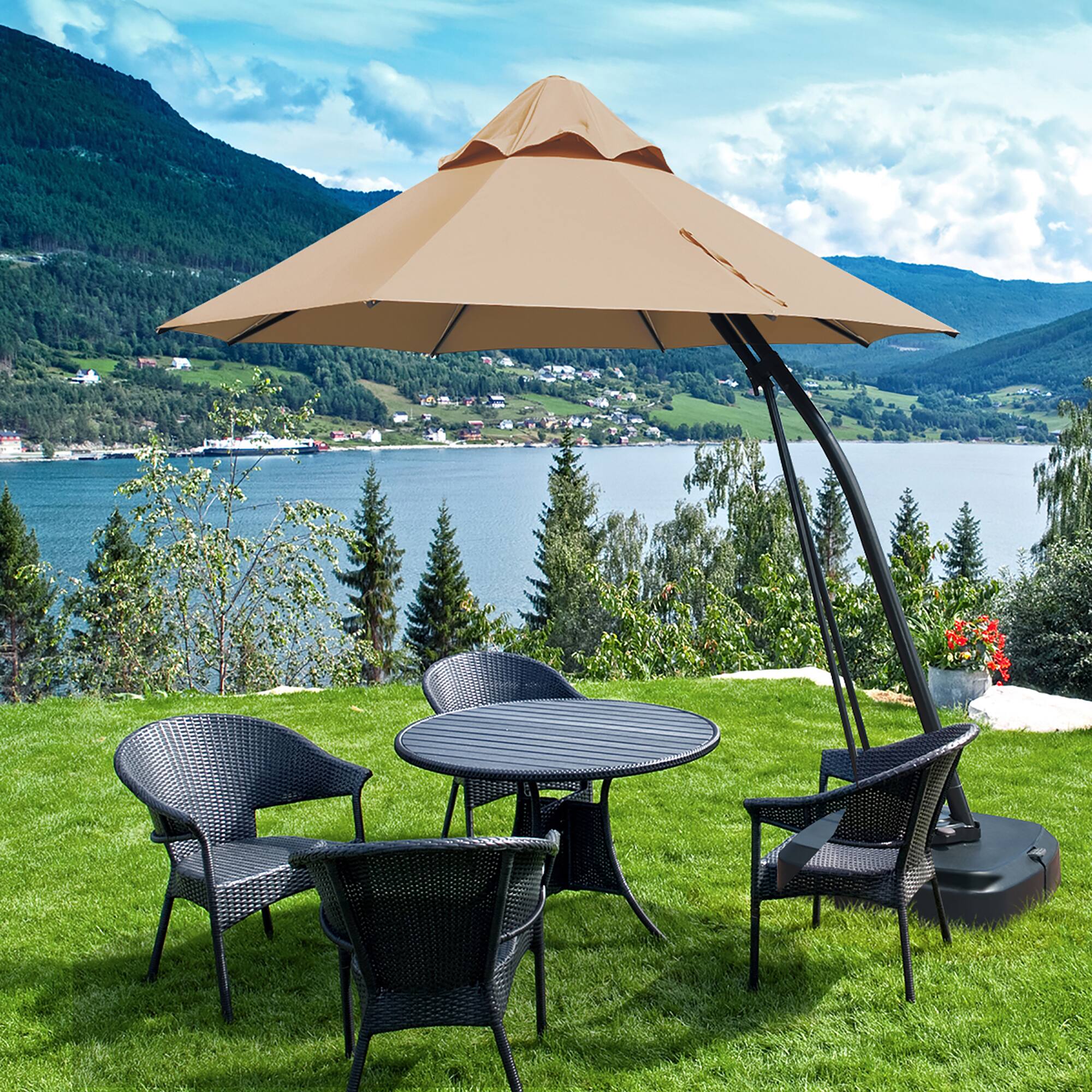 Alt View 2. Costway - Costway 11FT Outdoor Cantilever Offset Hanging Umbrella w/ Base Wheels - Beige.