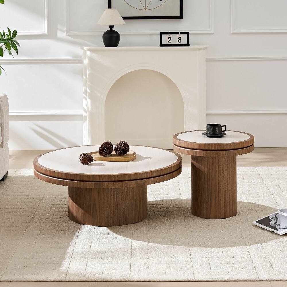 Alt View 7. Loheer - Loheer 19.49 Inch Round Side Table Walnut Coffee Table Sintered Stone Tabletop MDF Pedestal Base for Living Room Bedroom - Walnut.