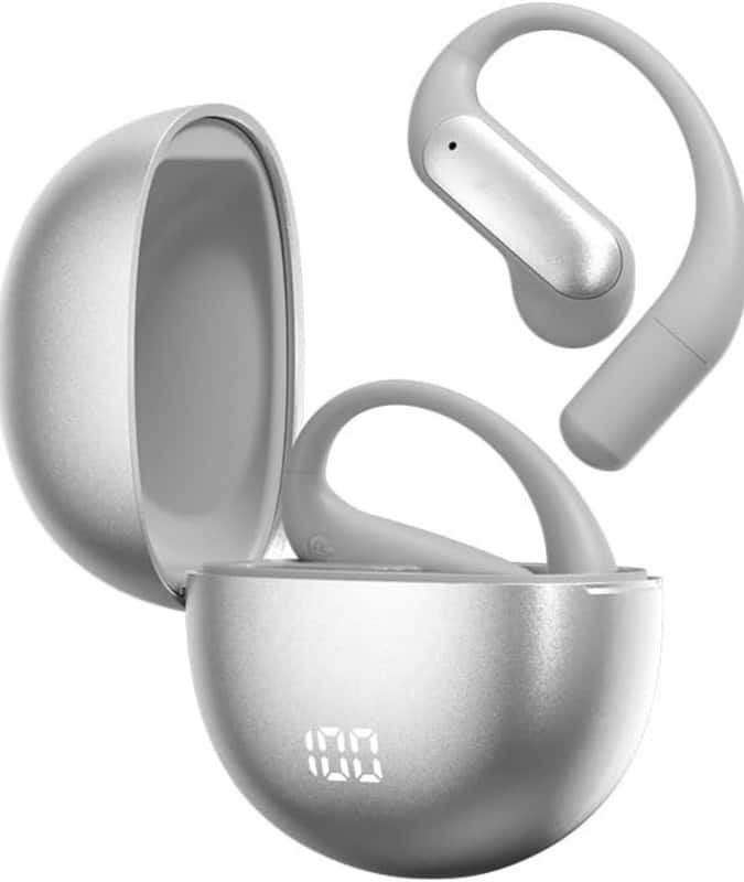 RISOKEYS - Open Ear Earbuds Bluetooth Ear Buds 40Hrs Playtime, Waterproof Touch Control for Workout - Silvery