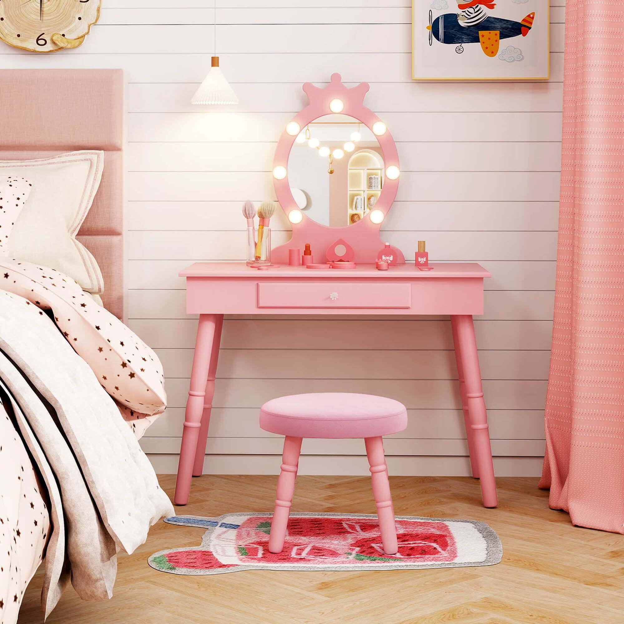Alt View 3. Costway - Costway Kids Vanity Set Princess Vanity Table & Chair Set with Lighted Mirror - Pink.
