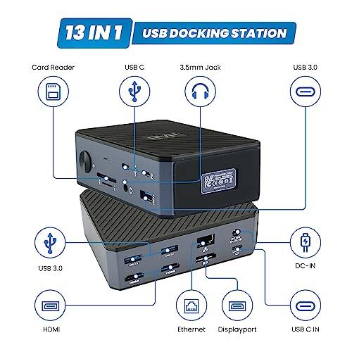13 IN 1 USB DOCKING STATION

- Card Reader
- USB C
- 3.5mm Jack
- USB 3.0
- USB 3.0
- DC-IN
- HDMI
- Ethernet
- Displayport
- USB C IN