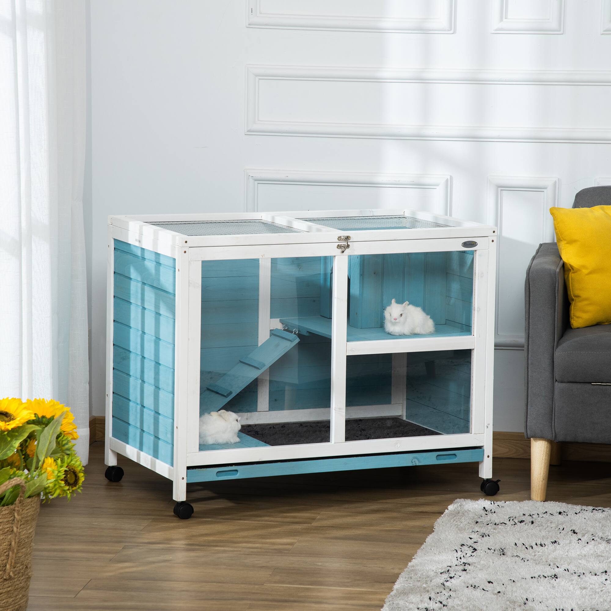 Angle. Pawhut - Rabbit Hutch with Wheels, Desk and Side Table Sized, Wooden, Waterproof, Removable Tray, Openable Roof.
