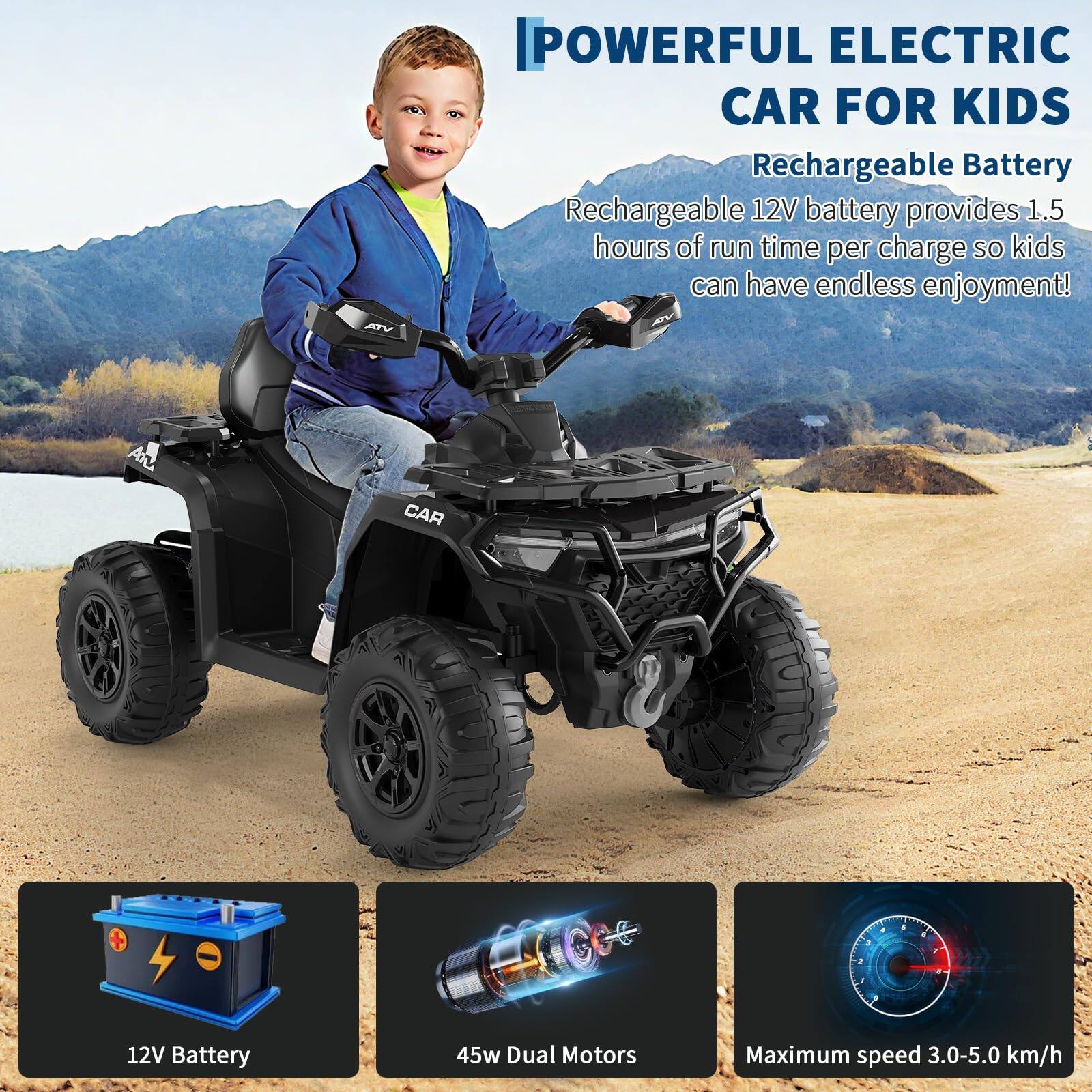 **POWERFUL ELECTRIC CAR FOR KIDS**

- Rechargeable Battery
  - Rechargeable 12V battery provides 1.5 hours of run time per charge so kids can have endless enjoyment!

- 12V Battery
- 45w Dual Motors
- Maximum speed 3.0-5.0 km/h