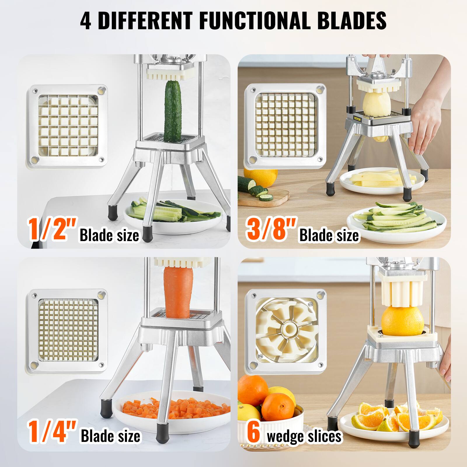 4 DIFFERENT FUNCTIONAL BLADES
1/2" Blade size
3/8" Blade size
1/4" Blade size
6 wedge slices