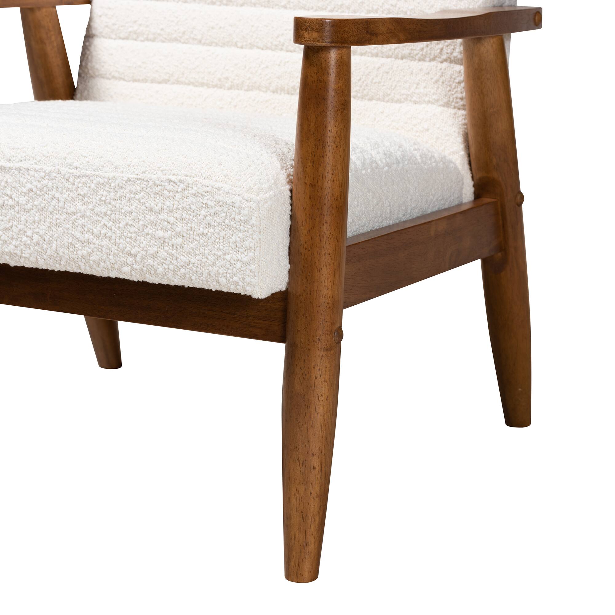 Alt View 2. Baxton Studio - Stratton Mid-Century Modern Boucle Fabric and Walnut Finished Wood Armchair - Cream/Walnut Brown.