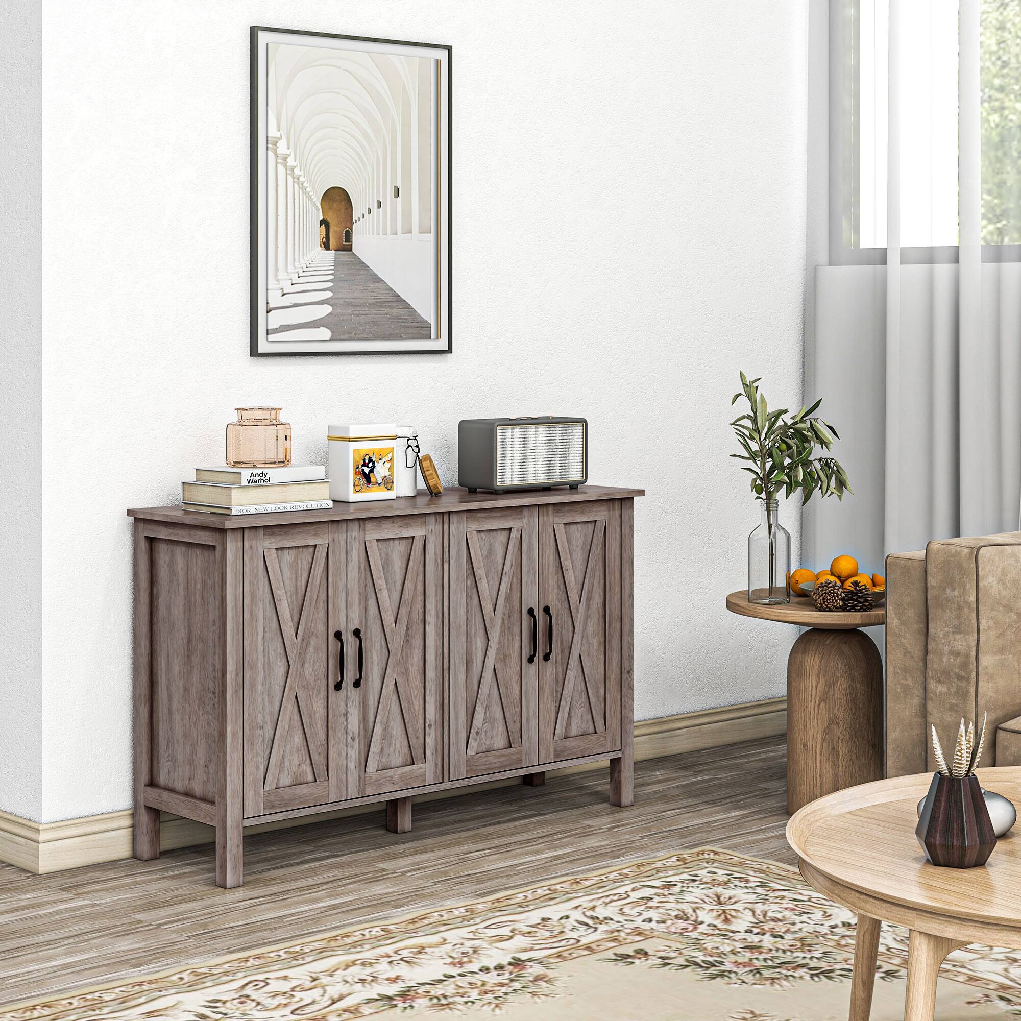 Alt View 1. Homcom - Buffet with 4 Barn Doors and 2 Adjustable Shelves, Kitchen Buffet Cabinet for Living Room - Gray.