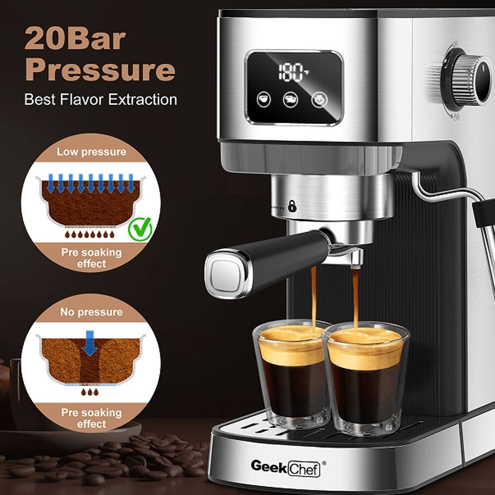 20Bar Pressure Best Flavor Extraction  
180 Low pressure  
8 Pre soaking effect  
No pressure Pre soaking effect  
Geek Chef