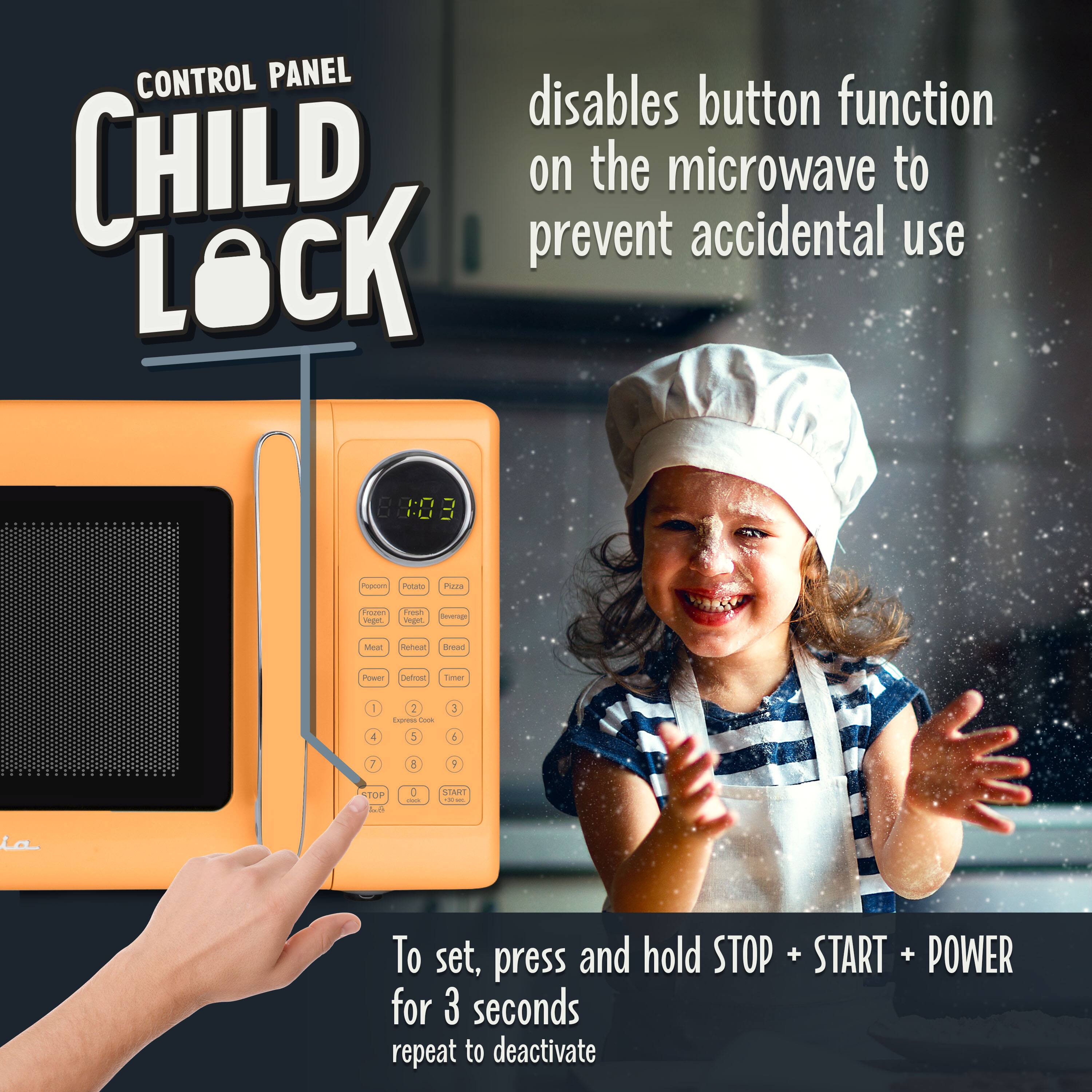 CONTROL PANEL CHILD LOCK disables button function on the microwave to prevent accidental use

To set, press and hold STOP + START + POWER for 3 seconds
repeat to deactivate